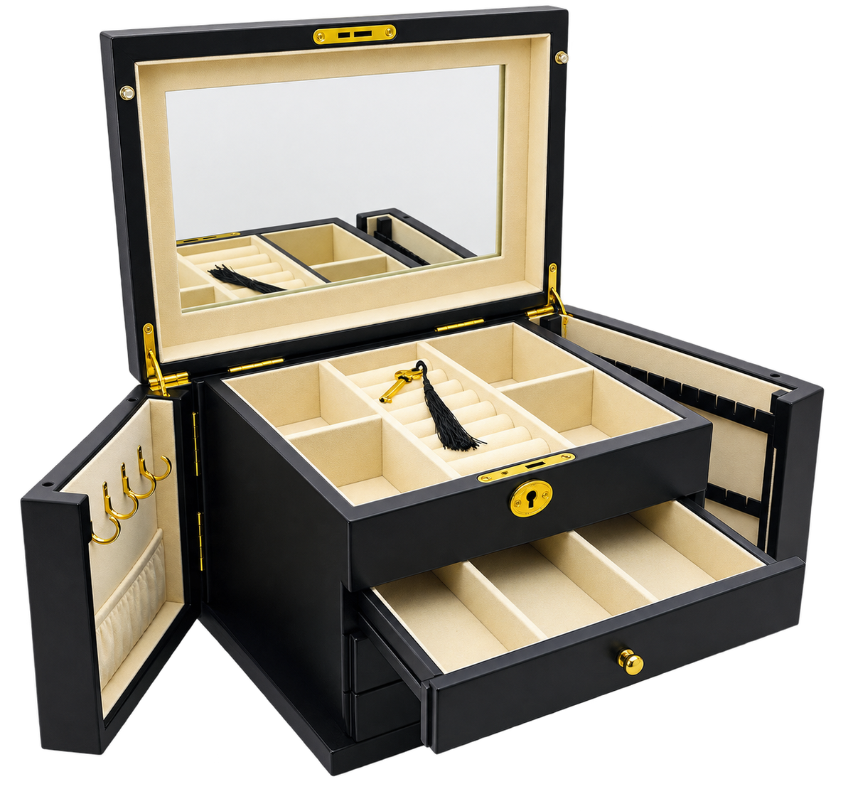 Harrowdene® Premium Edition Matte Black Jewellery Box with Side Panels 28.5cm