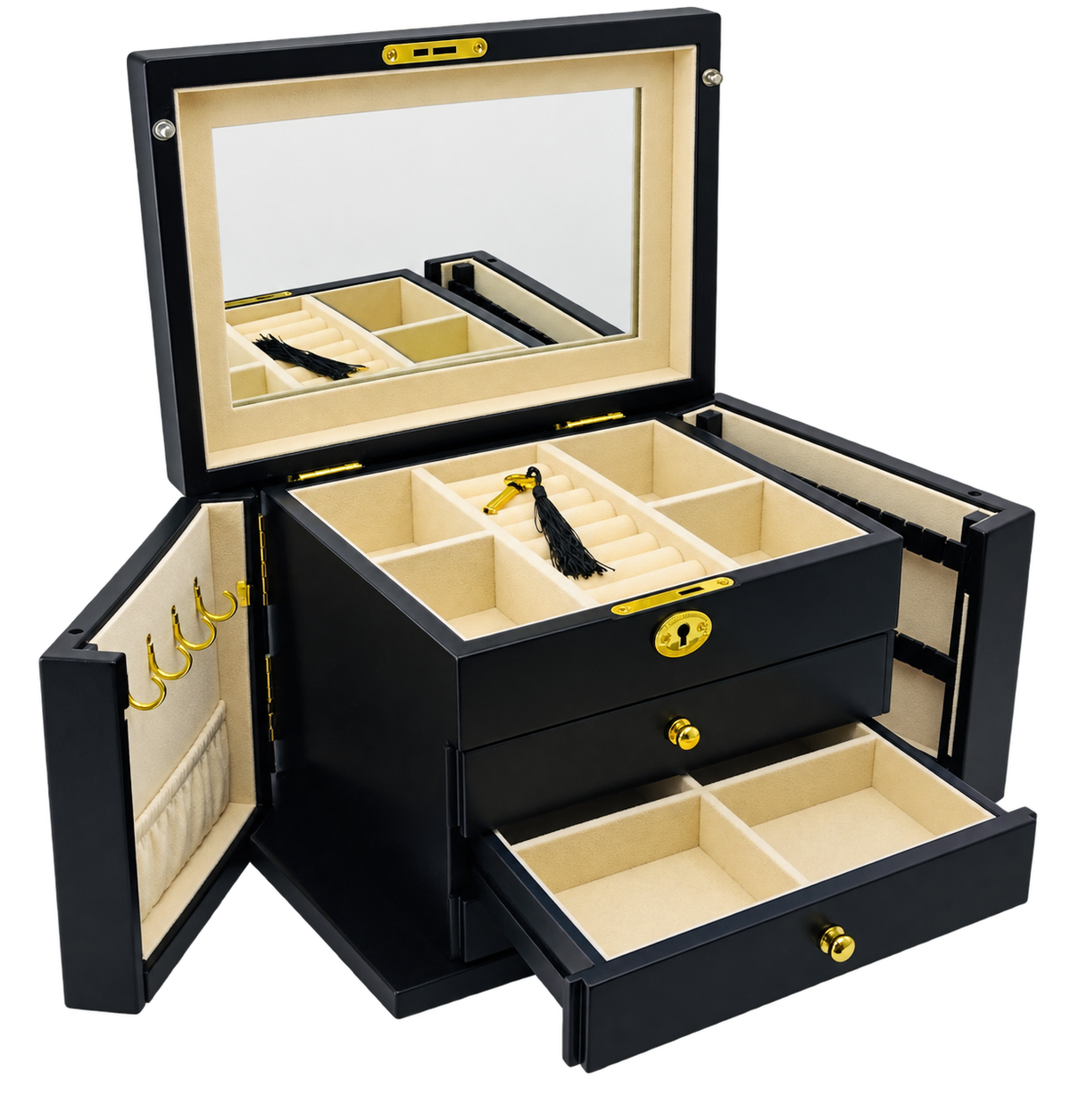 Harrowdene® Premium Edition Matte Black Jewellery Box with Side Panels 28.5cm