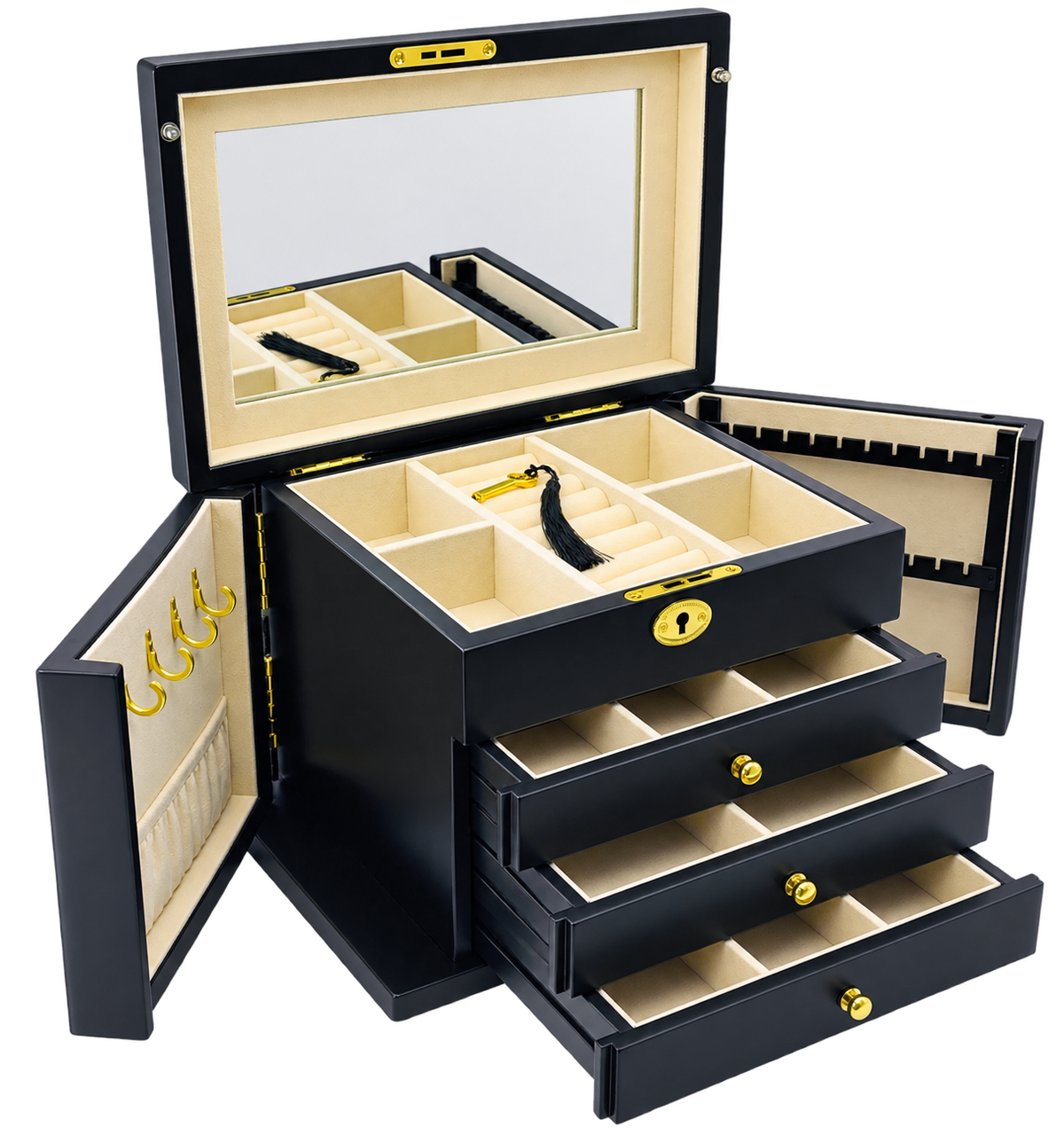 Harrowdene® Premium Edition Matte Black Jewellery Box with Side Panels 28.5cm