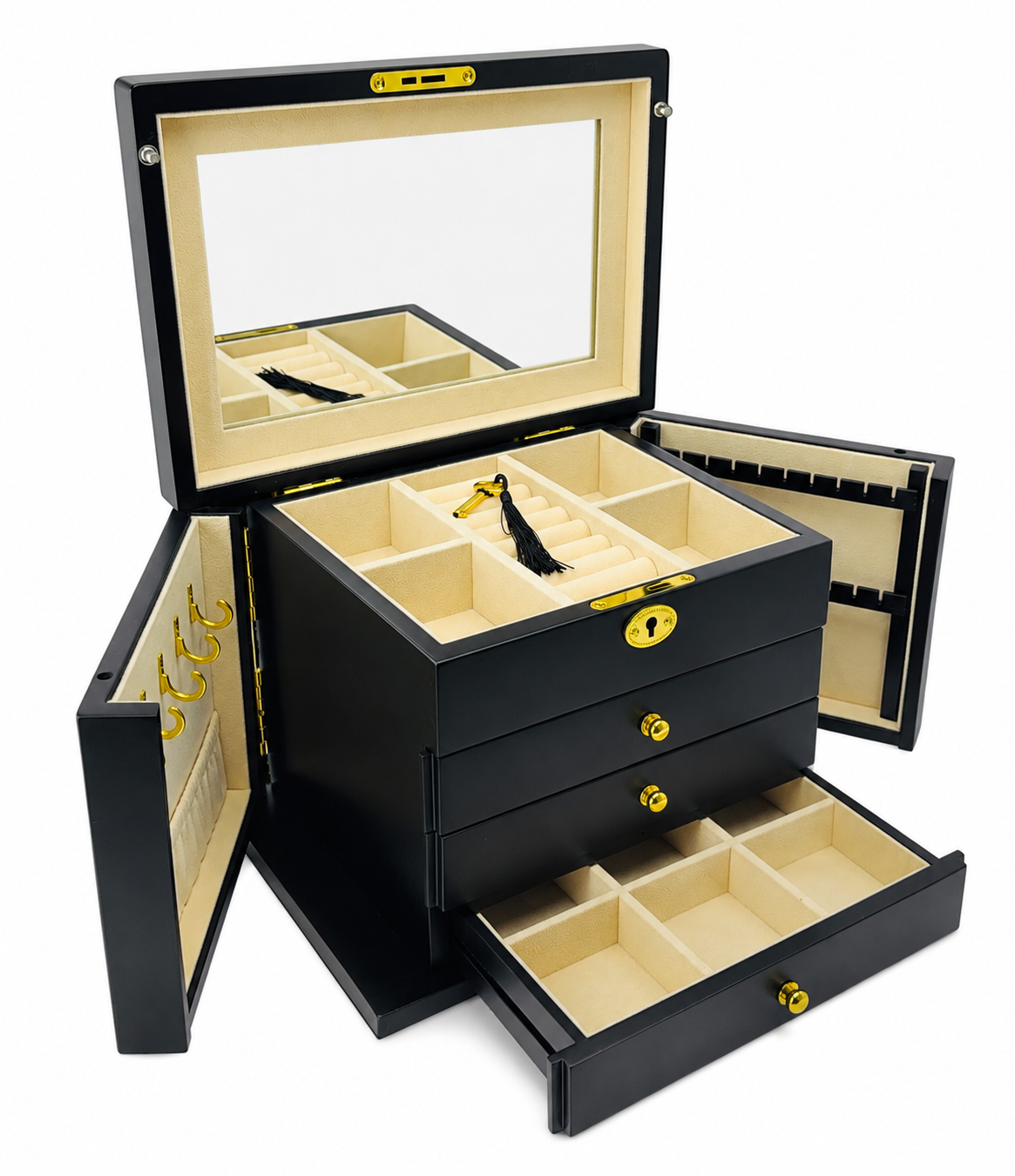 Harrowdene® Premium Edition Matte Black Jewellery Box with Side Panels 28.5cm