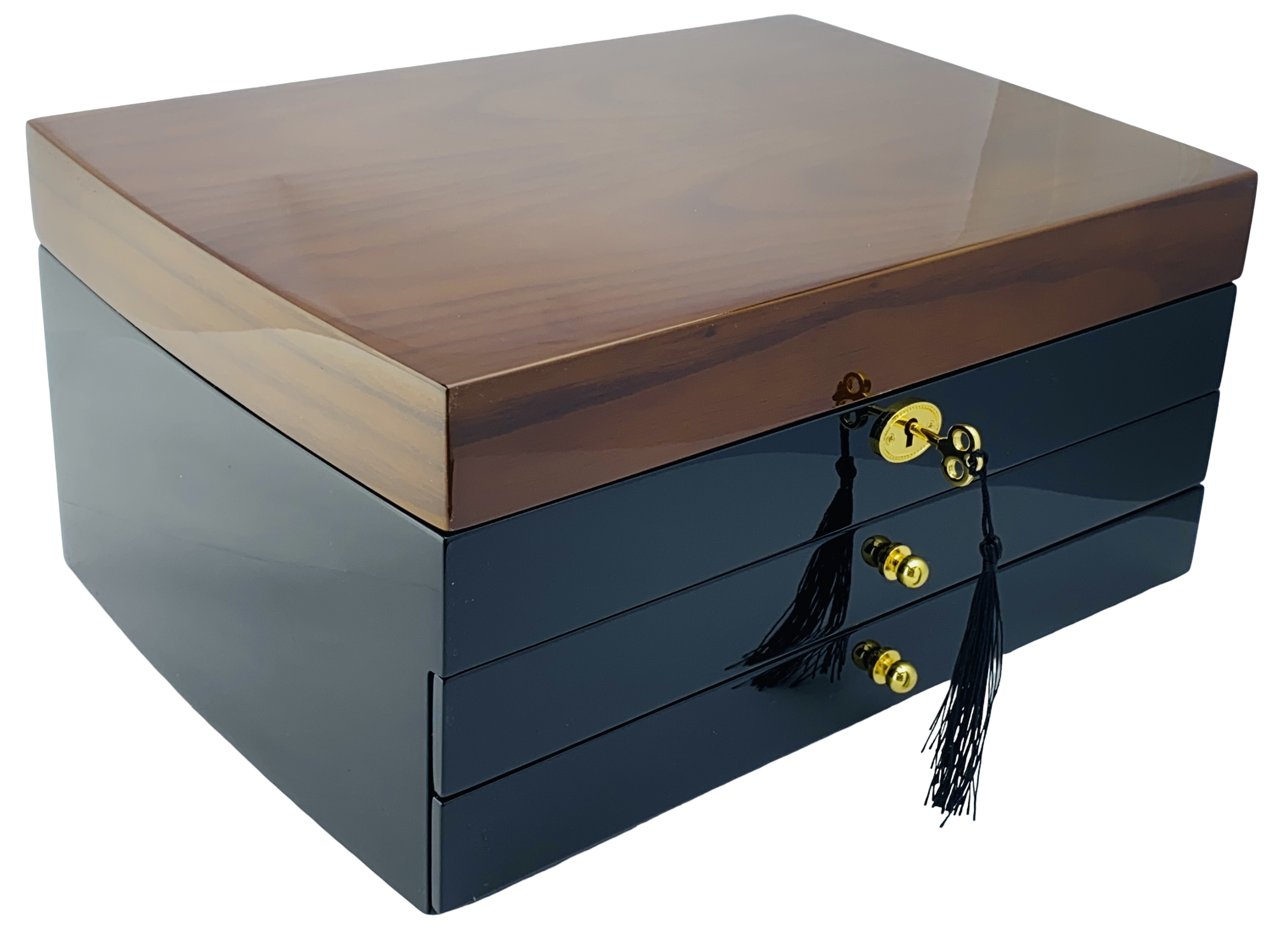 NEW Black and Solid Walnut Finish High Gloss 2-Drawer Wooden Jewellery Box L35cm