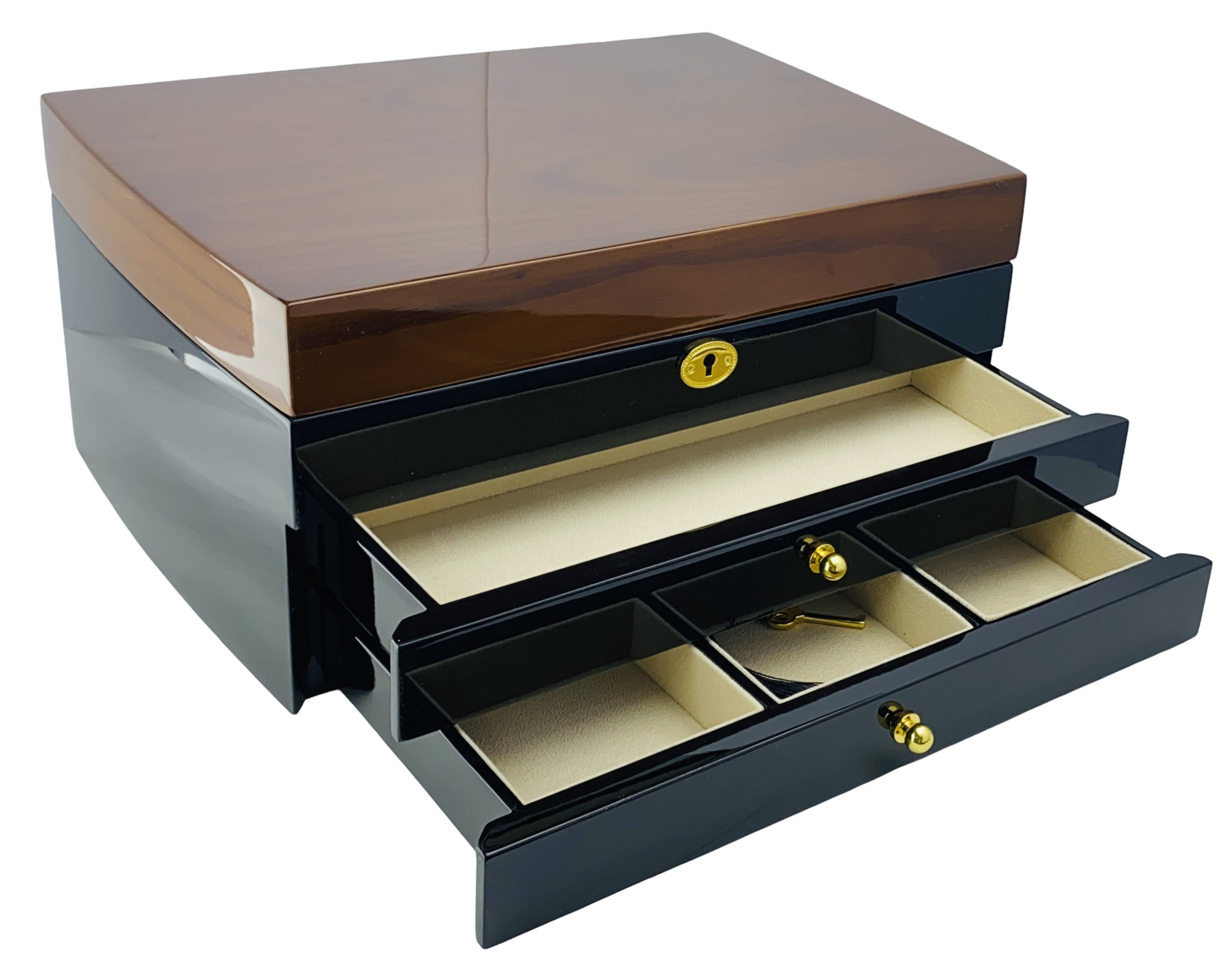 NEW Black and Solid Walnut Finish High Gloss 2-Drawer Wooden Jewellery Box L35cm