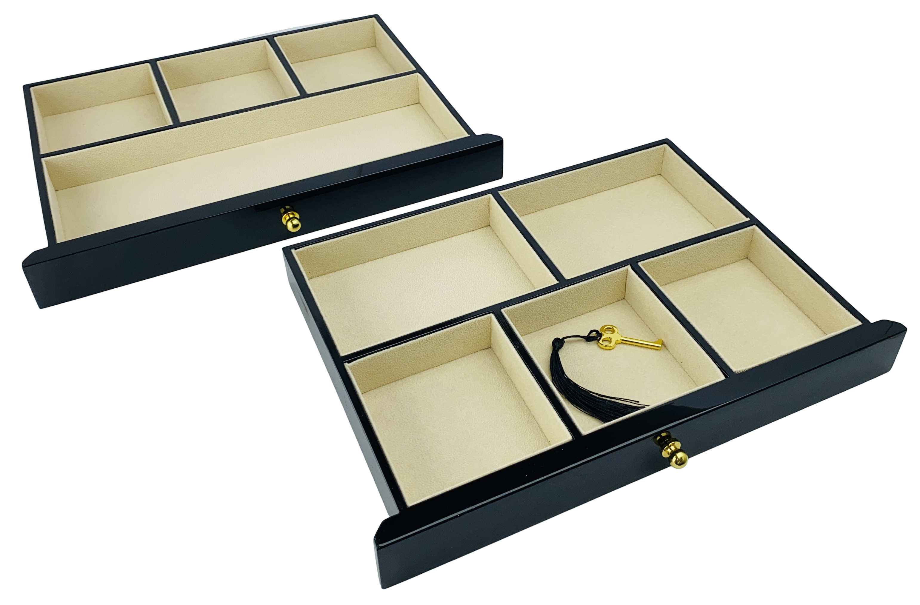 NEW Black and Solid Walnut Finish High Gloss 2-Drawer Wooden Jewellery Box L35cm