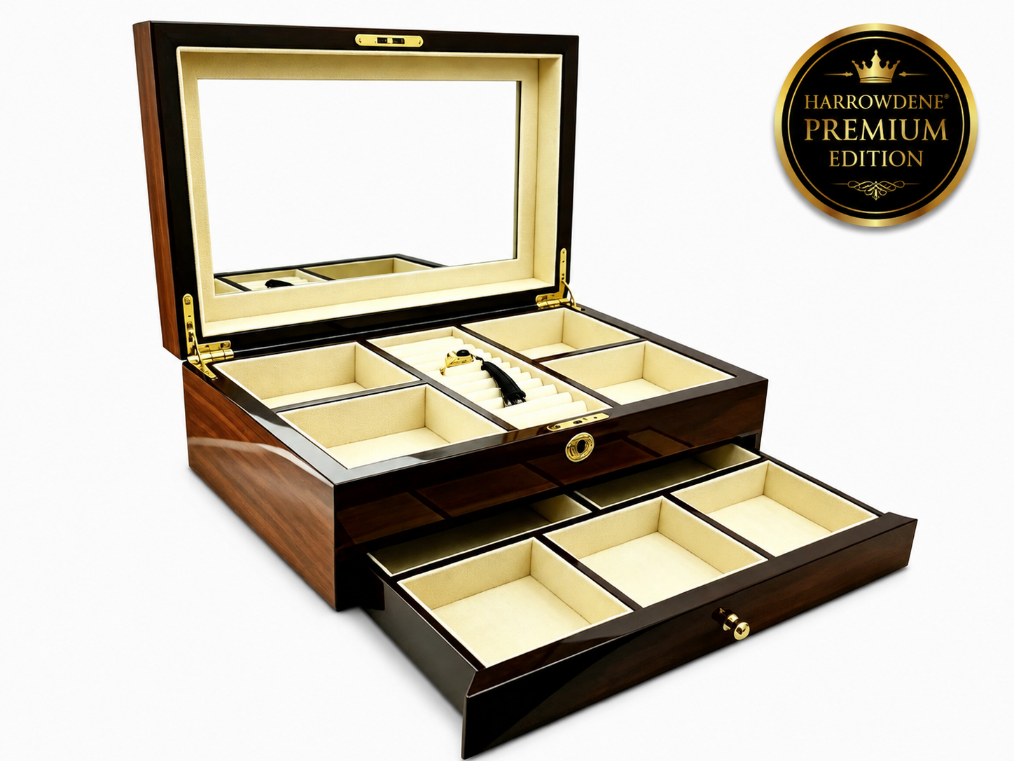 Harrowdene® Premium Edition European Walnut High Gloss Jewellery Box 1-Drawer 28cm