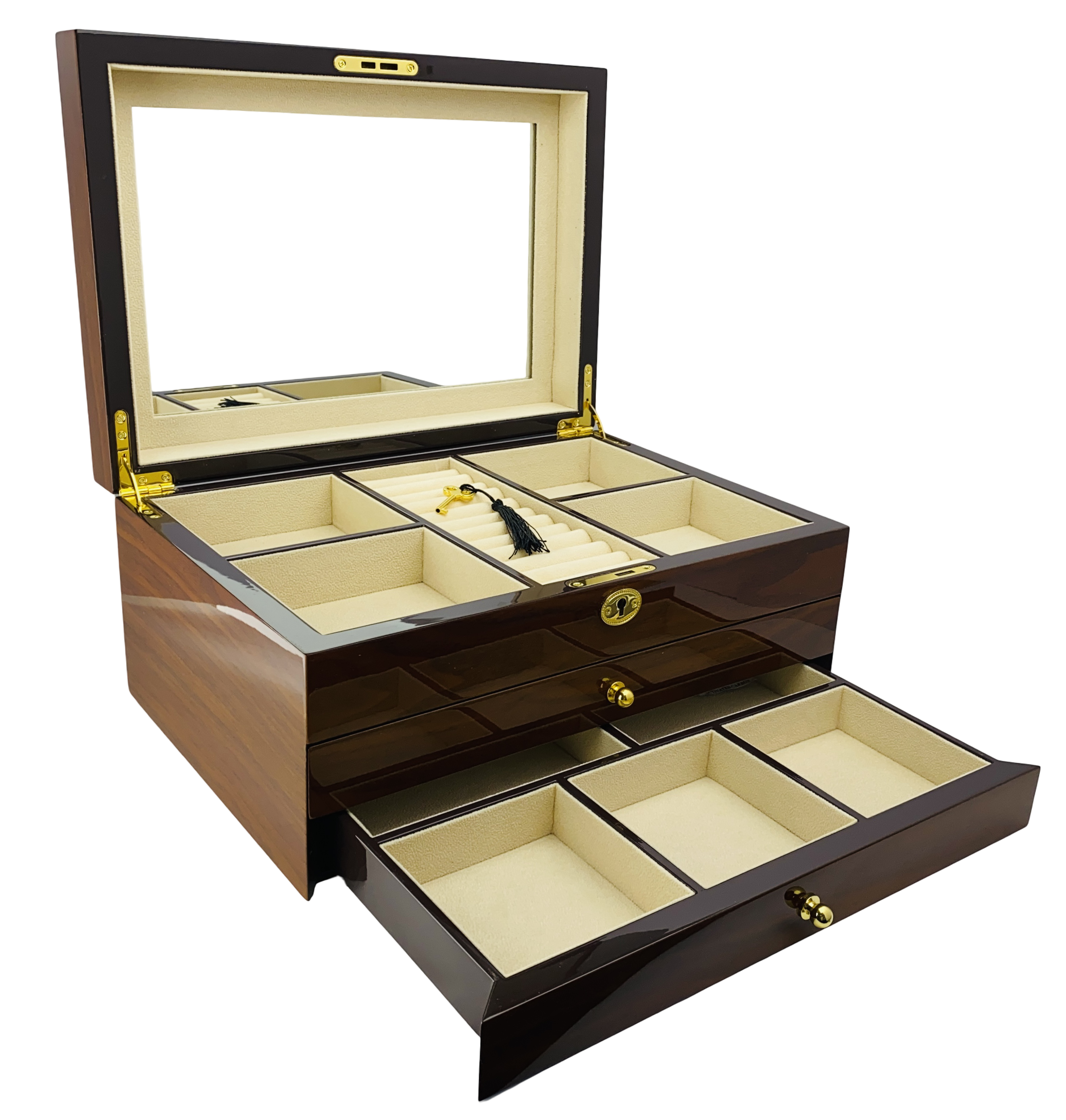 NEW European Walnut High Gloss 2-Drawer Wooden Jewellery Box L35cm