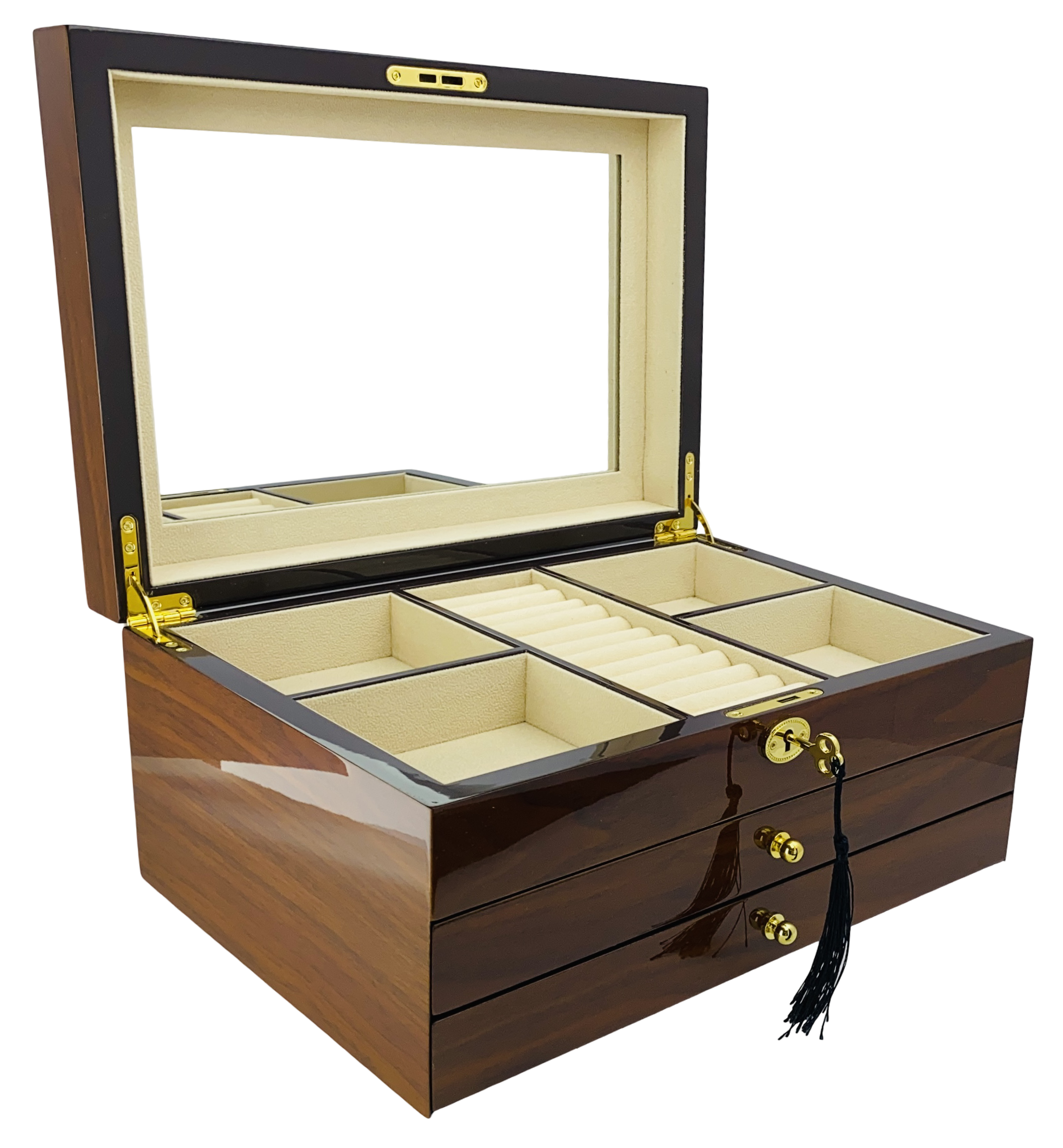 NEW European Walnut High Gloss 2-Drawer Wooden Jewellery Box L35cm