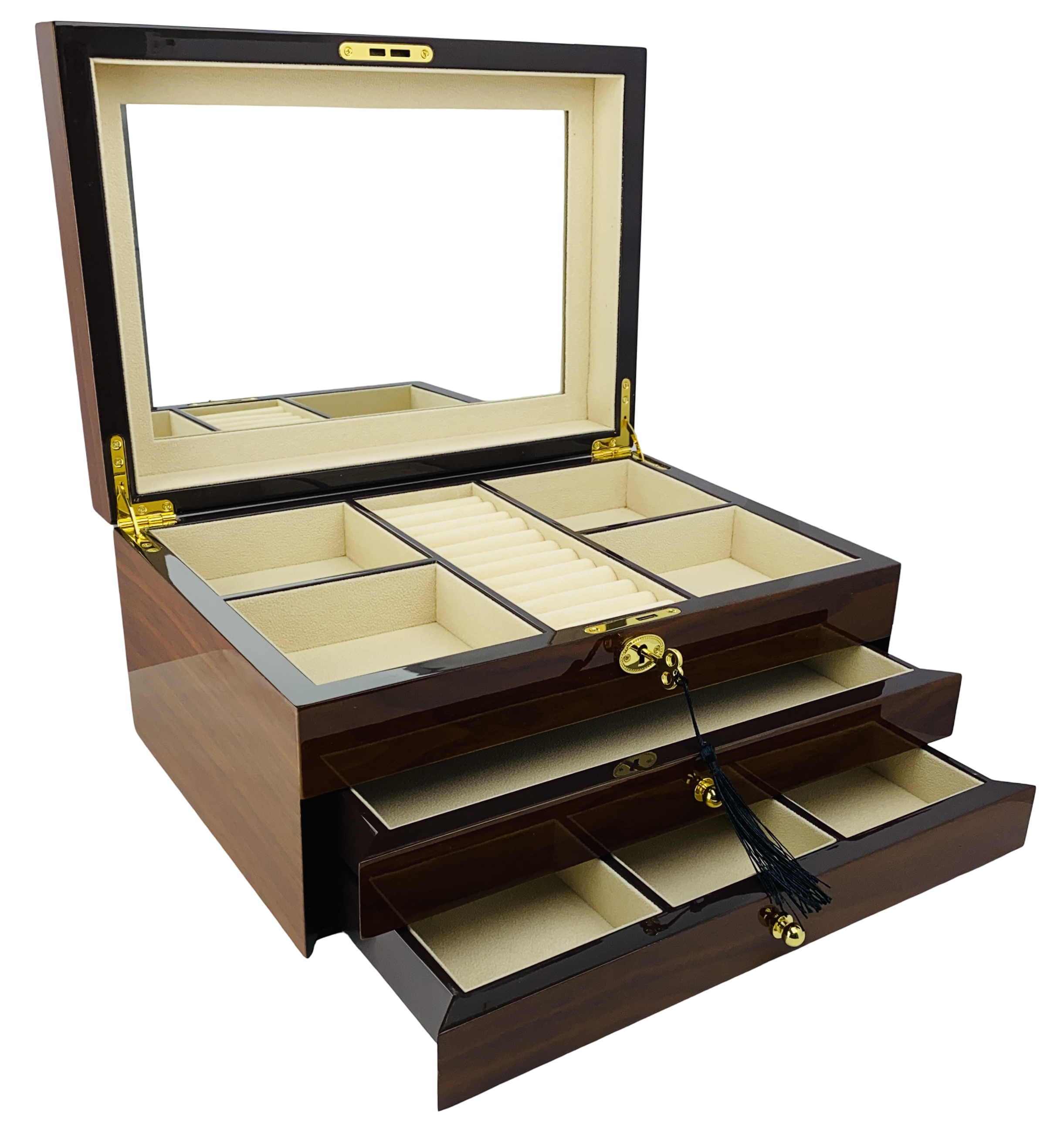 NEW European Walnut High Gloss 2-Drawer Wooden Jewellery Box L35cm