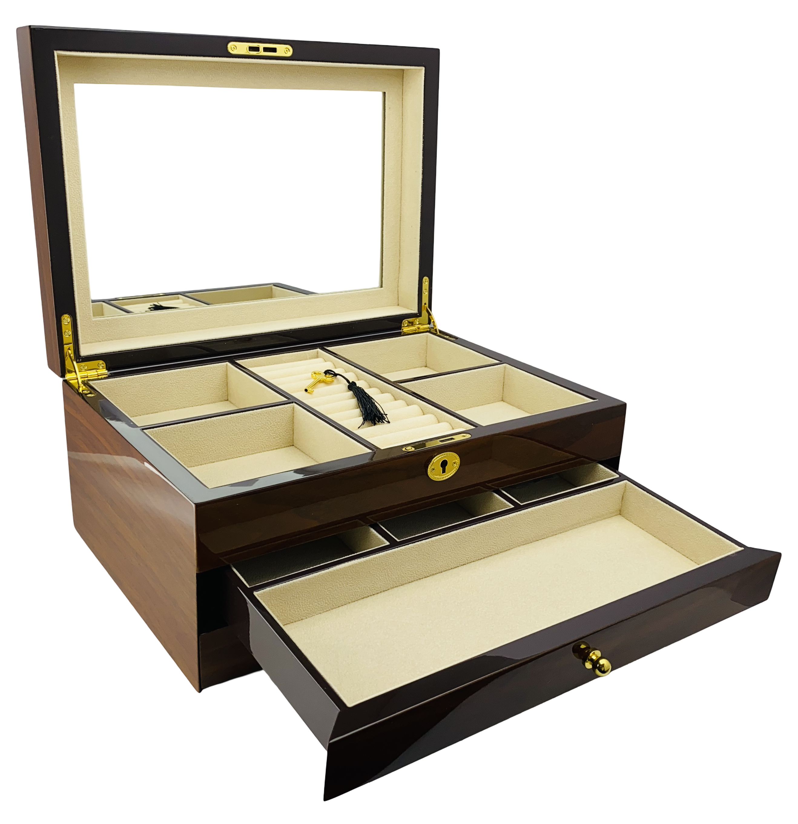 NEW European Walnut High Gloss 2-Drawer Wooden Jewellery Box L35cm