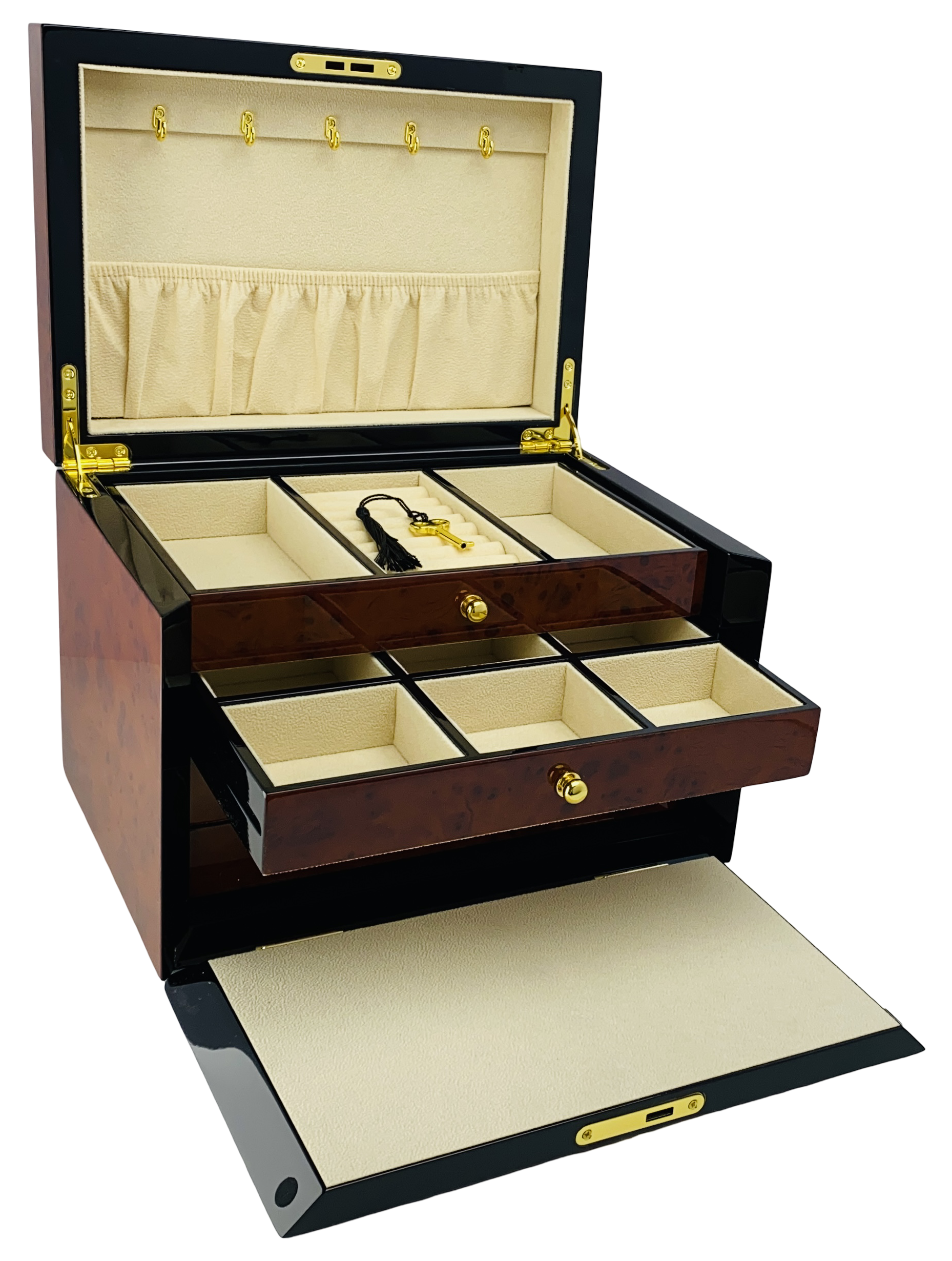 NEW Maple Burl & Black High Gloss Wood Jewellery Box L28cm