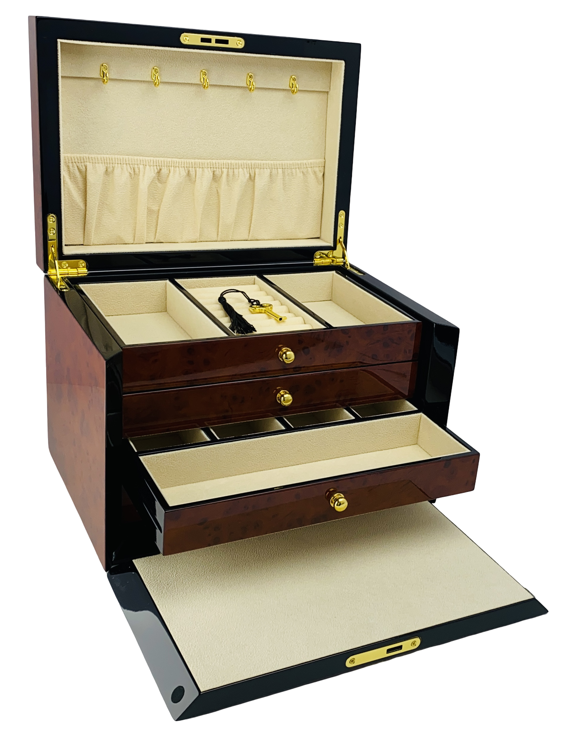 NEW Maple Burl & Black High Gloss Wood Jewellery Box L28cm
