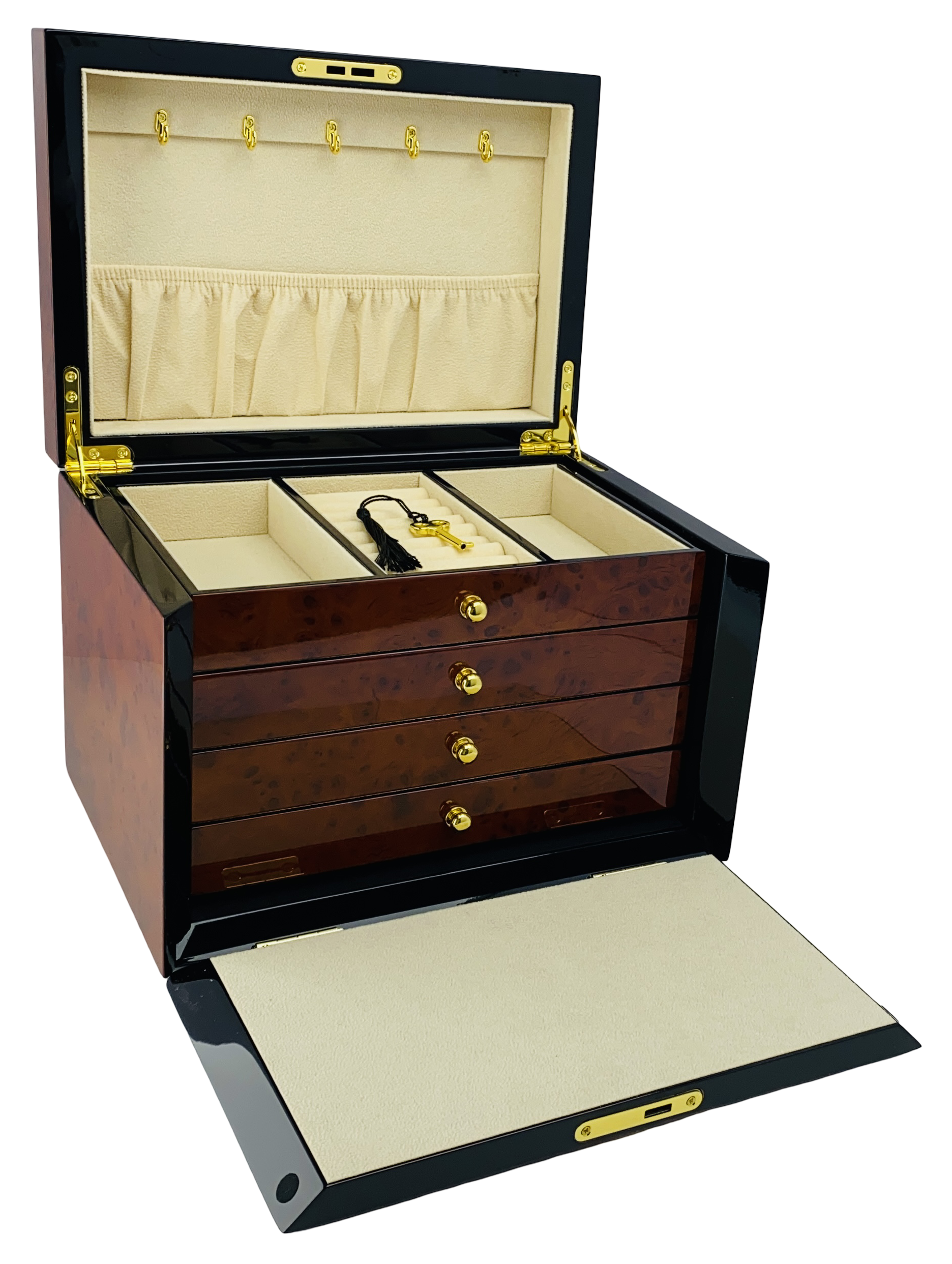 NEW Maple Burl & Black High Gloss Wood Jewellery Box L28cm