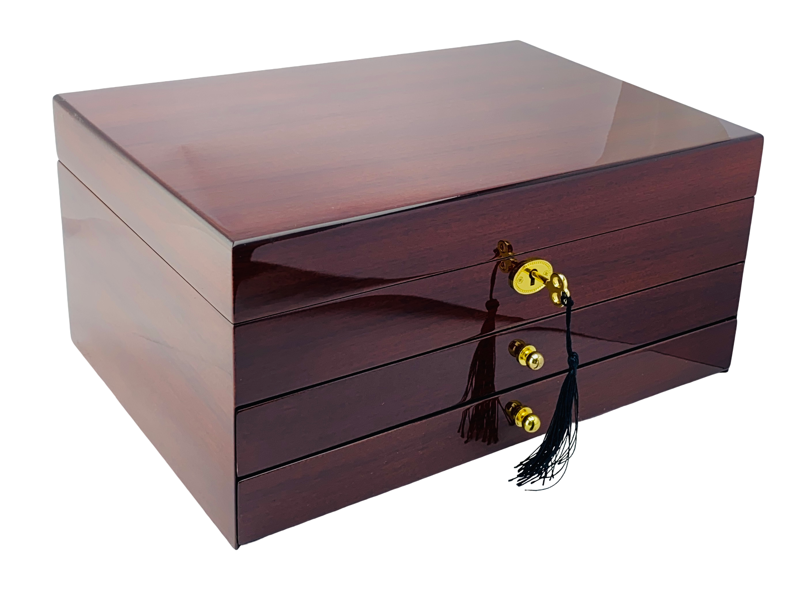 NEW Mahogany High Gloss 2-Drawer Wooden Jewellery Box L35cm