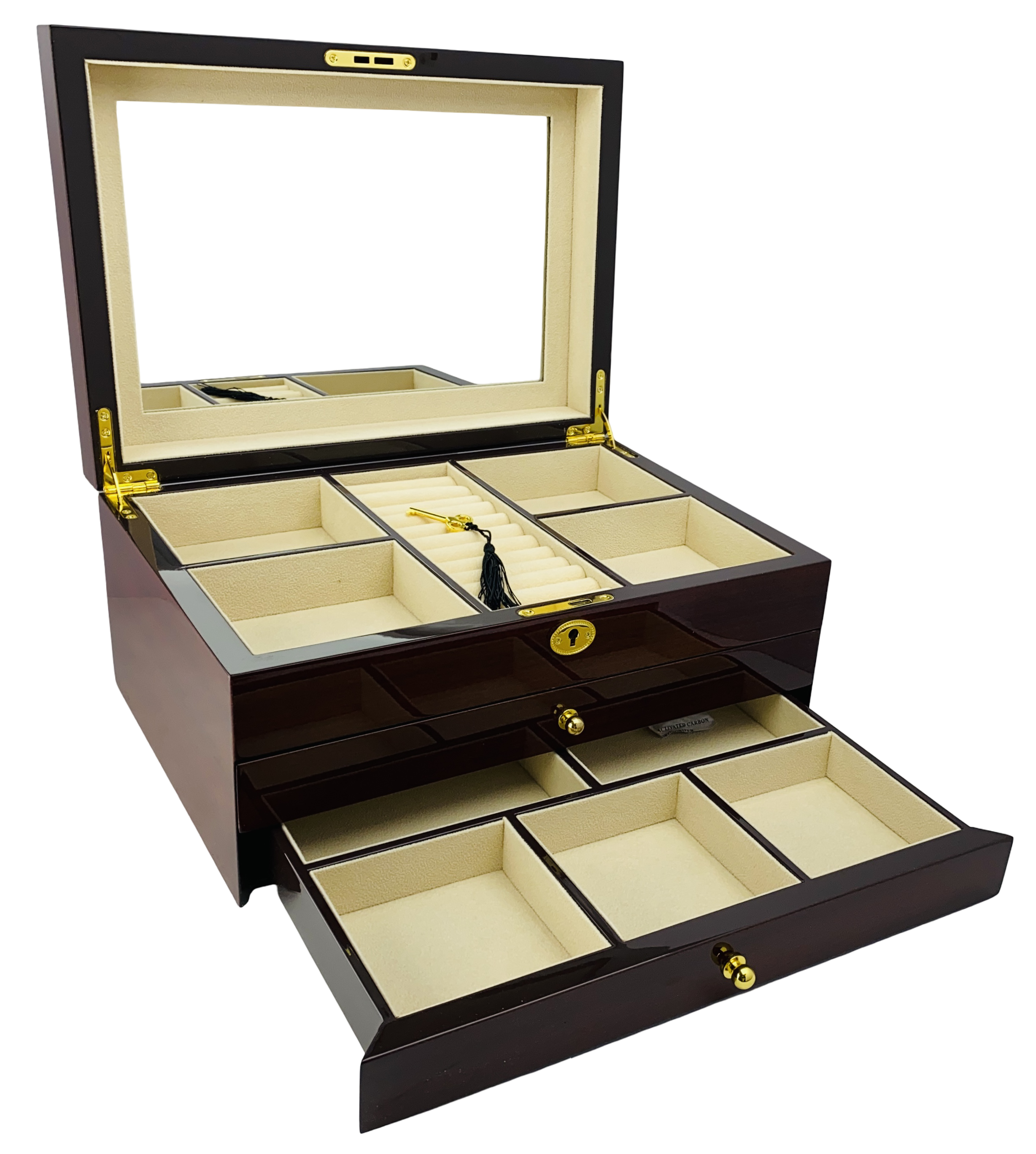 NEW Mahogany High Gloss 2-Drawer Wooden Jewellery Box L35cm