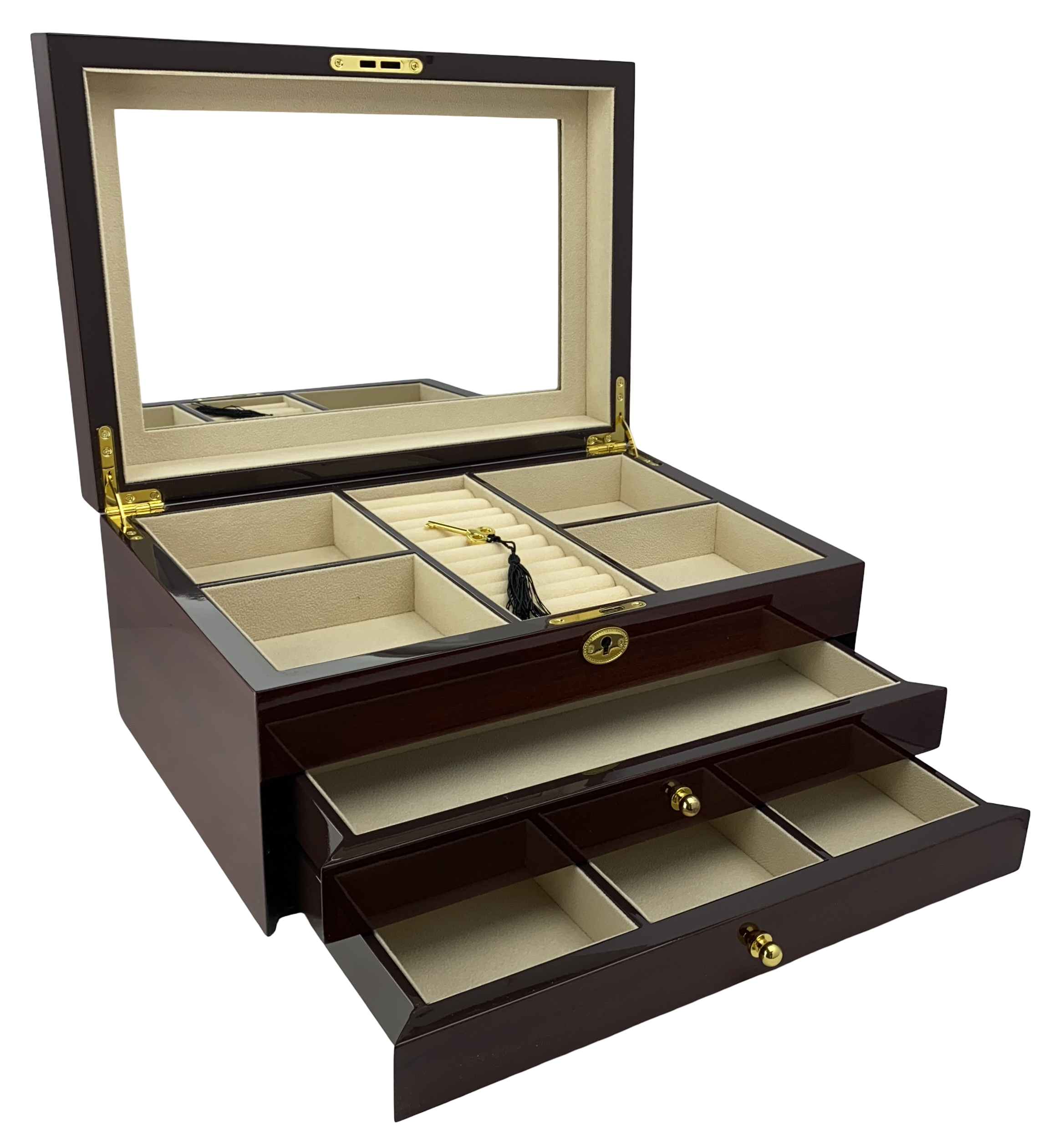 NEW Mahogany High Gloss 2-Drawer Wooden Jewellery Box L35cm