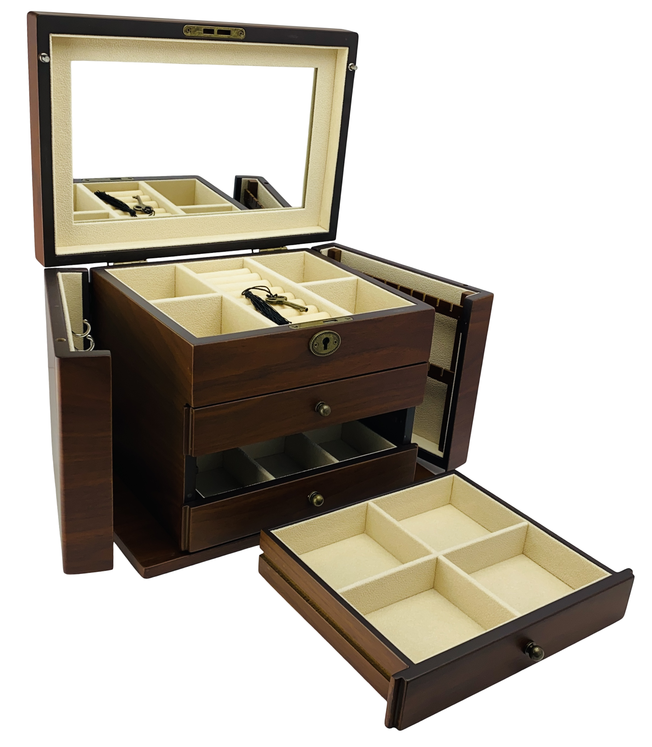 NEW European Walnut Matte Finish Wood Jewellery Box with Side Panels, Length 29cm