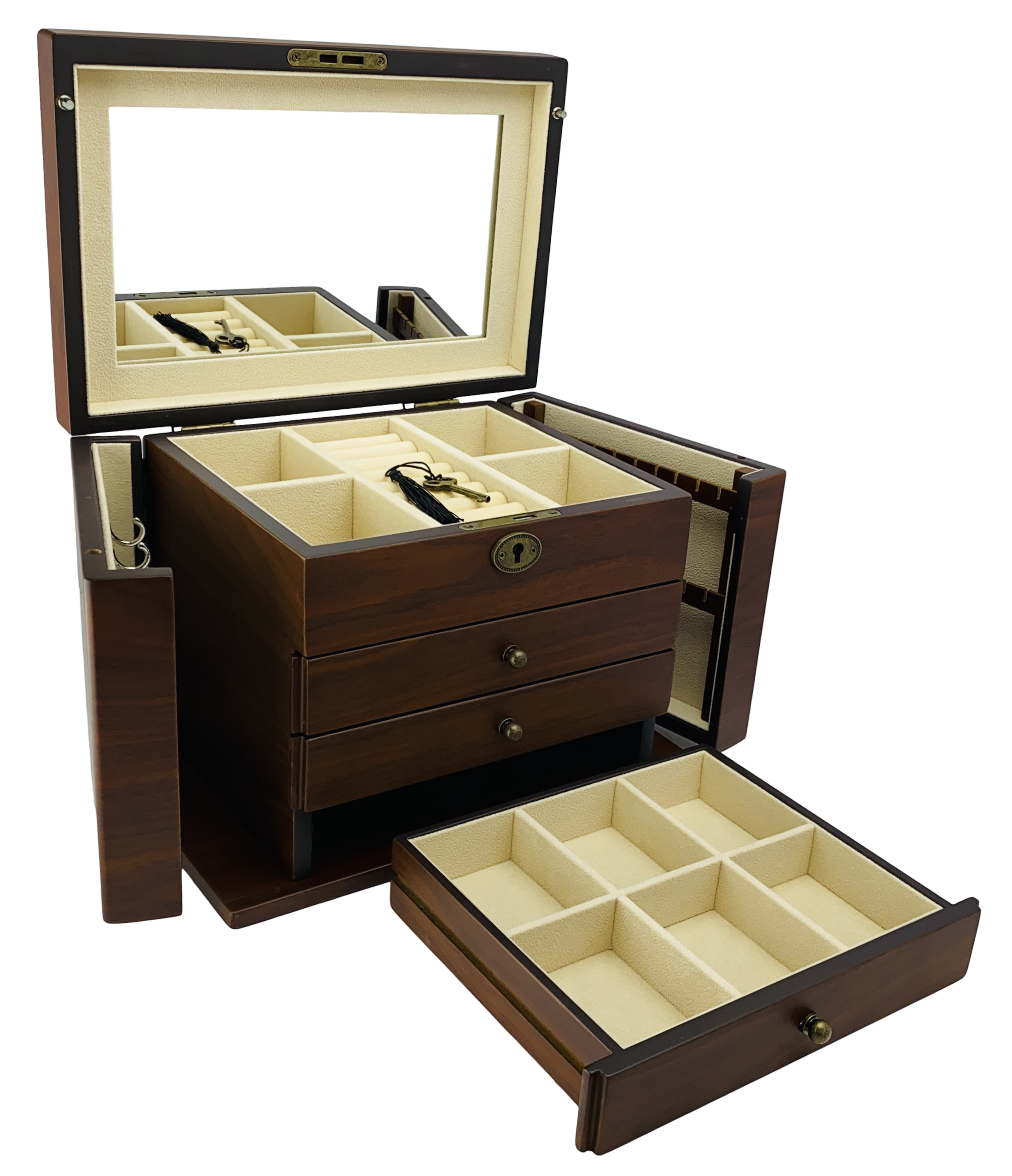 NEW European Walnut Matte Finish Wood Jewellery Box with Side Panels, Length 29cm