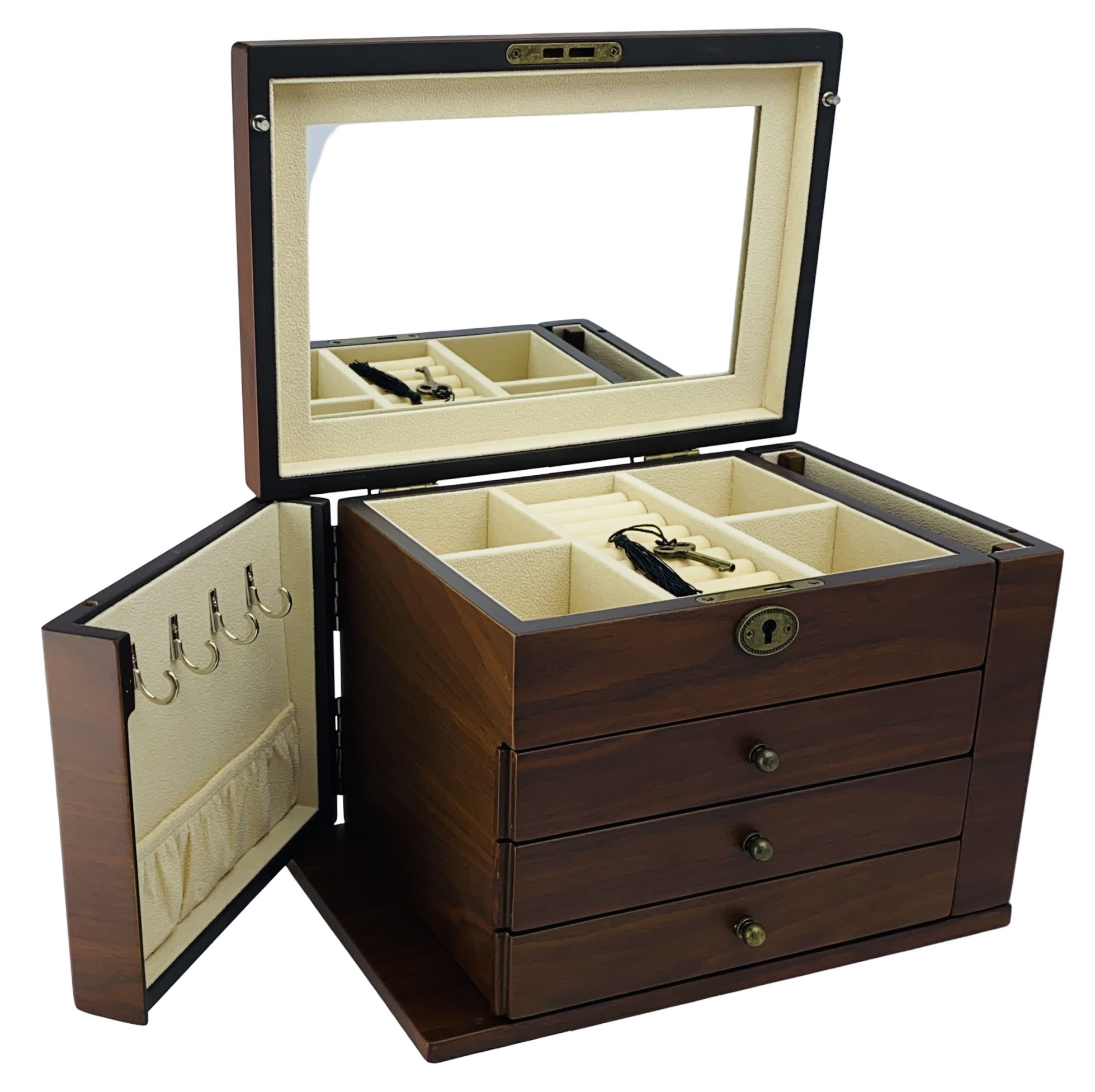 NEW European Walnut Matte Finish Wood Jewellery Box with Side Panels, Length 29cm