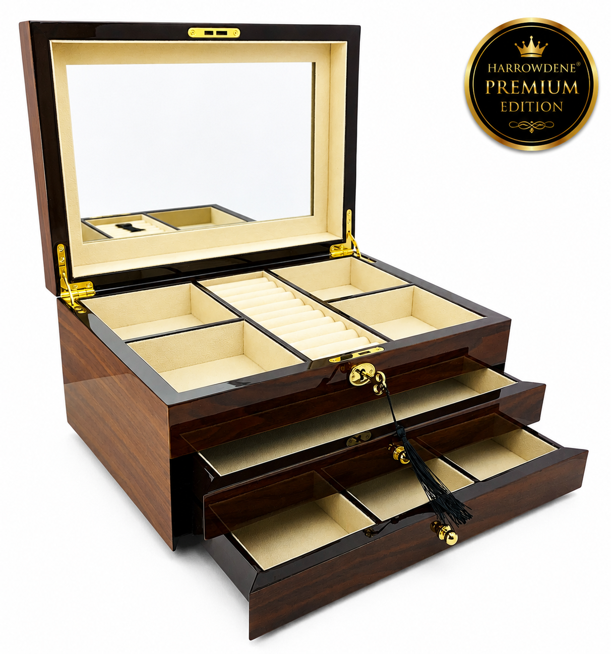 Harrowdene® Premium Edition European Walnut High Gloss Jewellery Box 2-Drawer 35cm