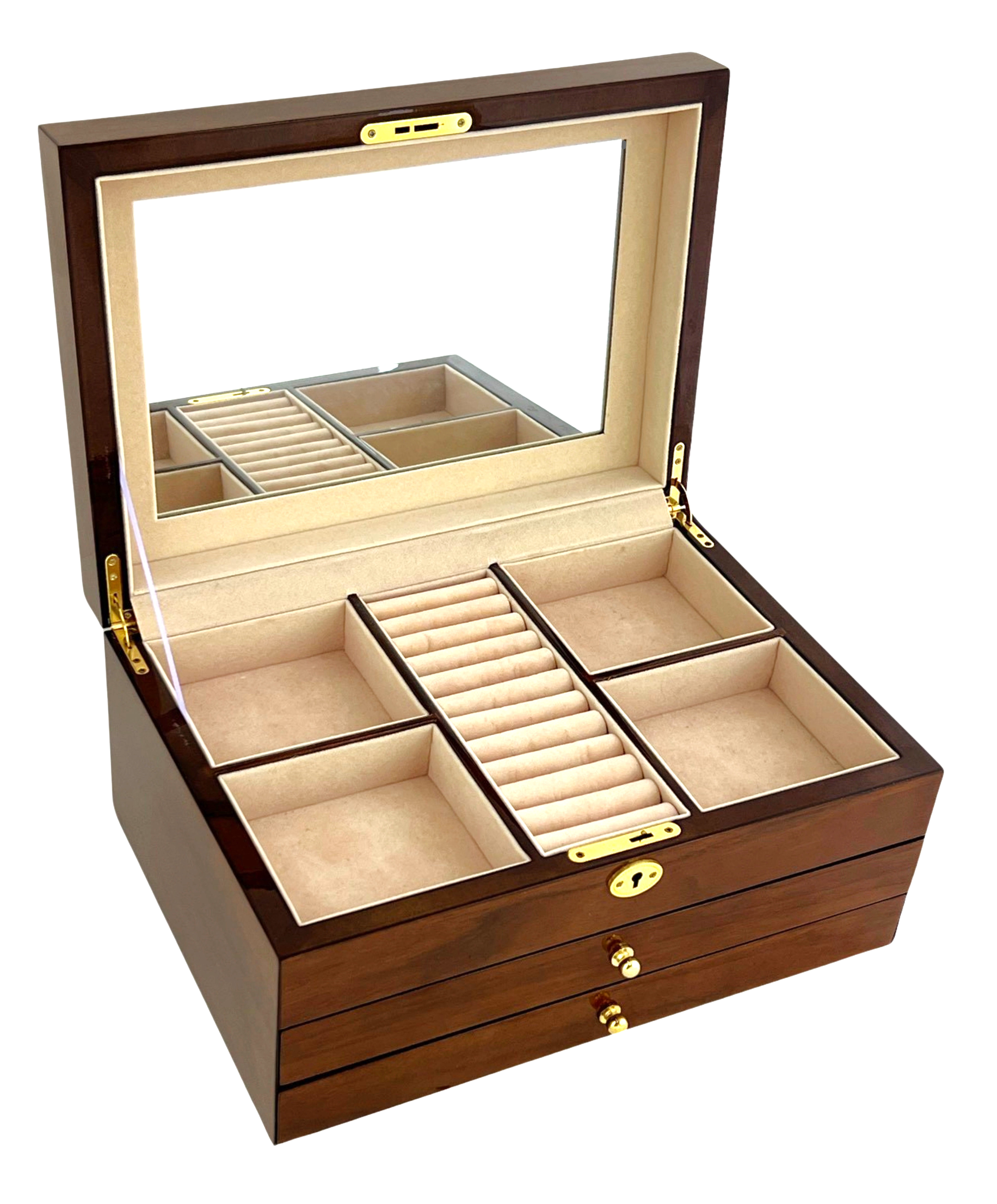 European Walnut High Gloss 2-Drawer Wooden Jewellery Box L35cm