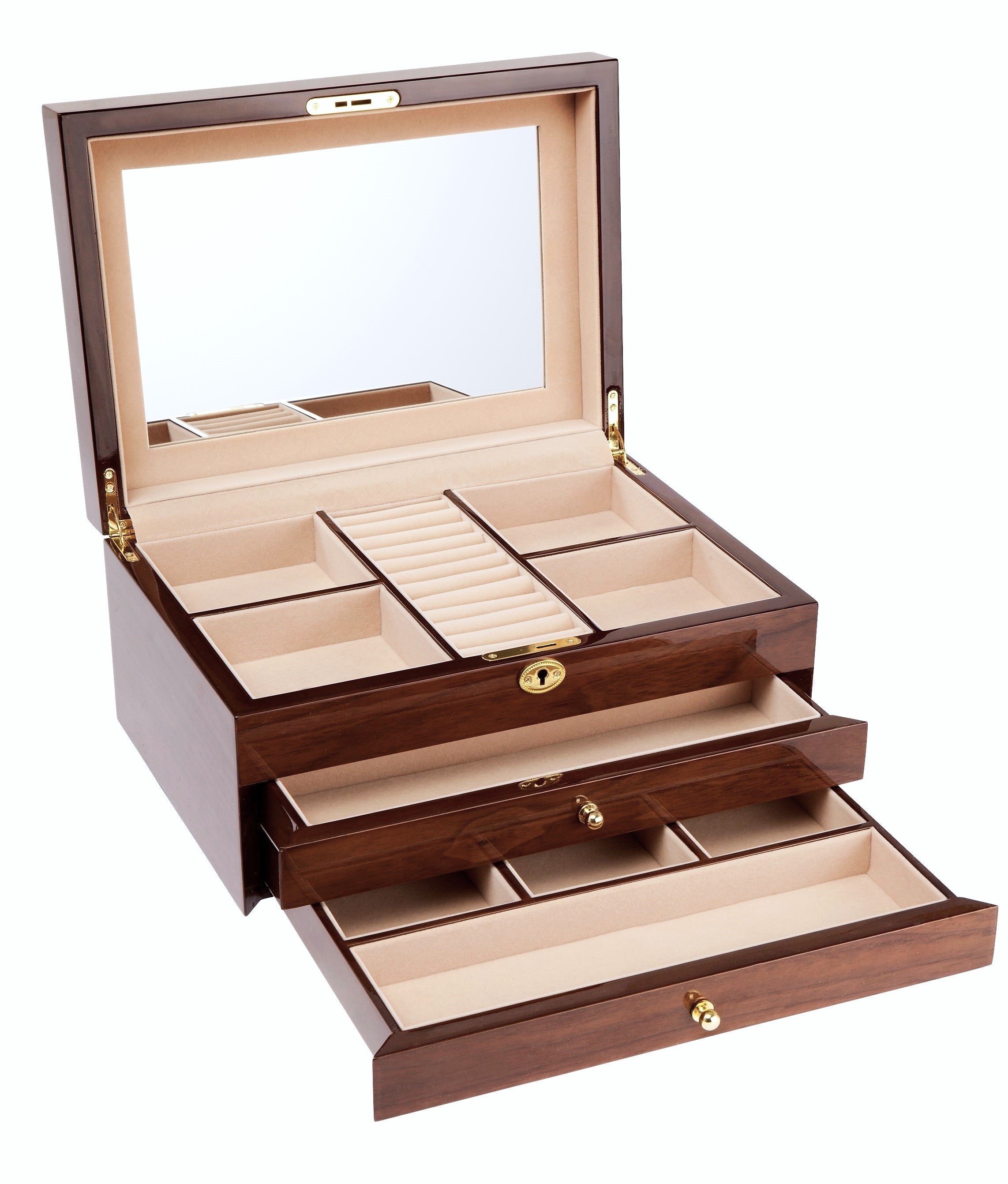European Walnut High Gloss 2-Drawer Wooden Jewellery Box L35cm