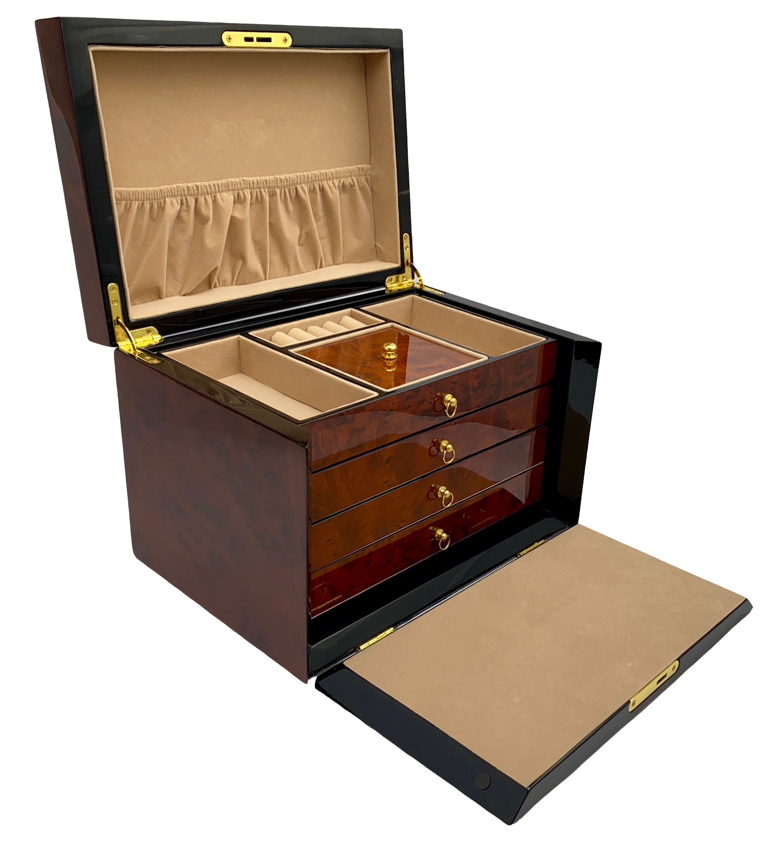 Maple Burl & Black High Gloss Wood Jewellery Box L28cm