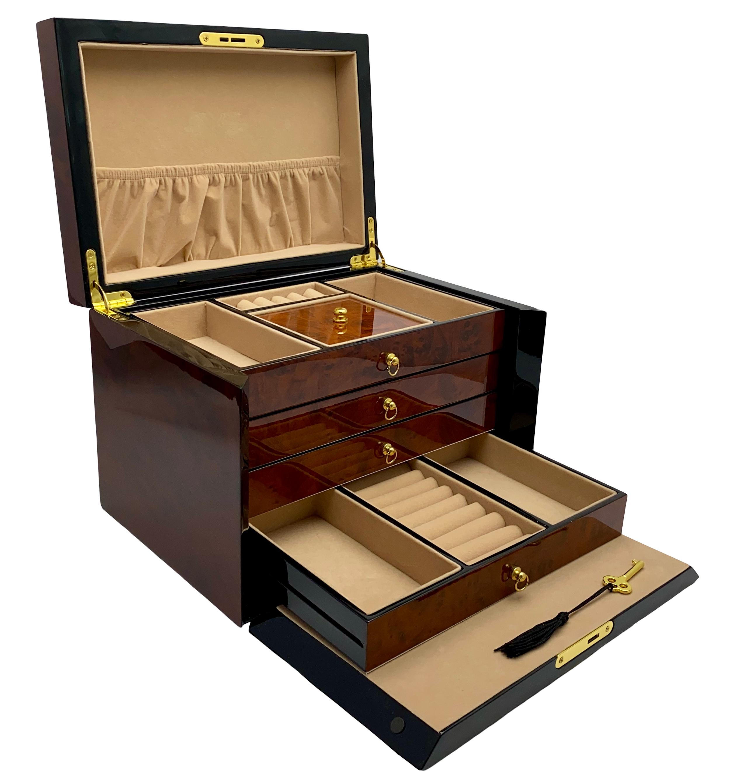 Maple Burl & Black High Gloss Wood Jewellery Box L28cm