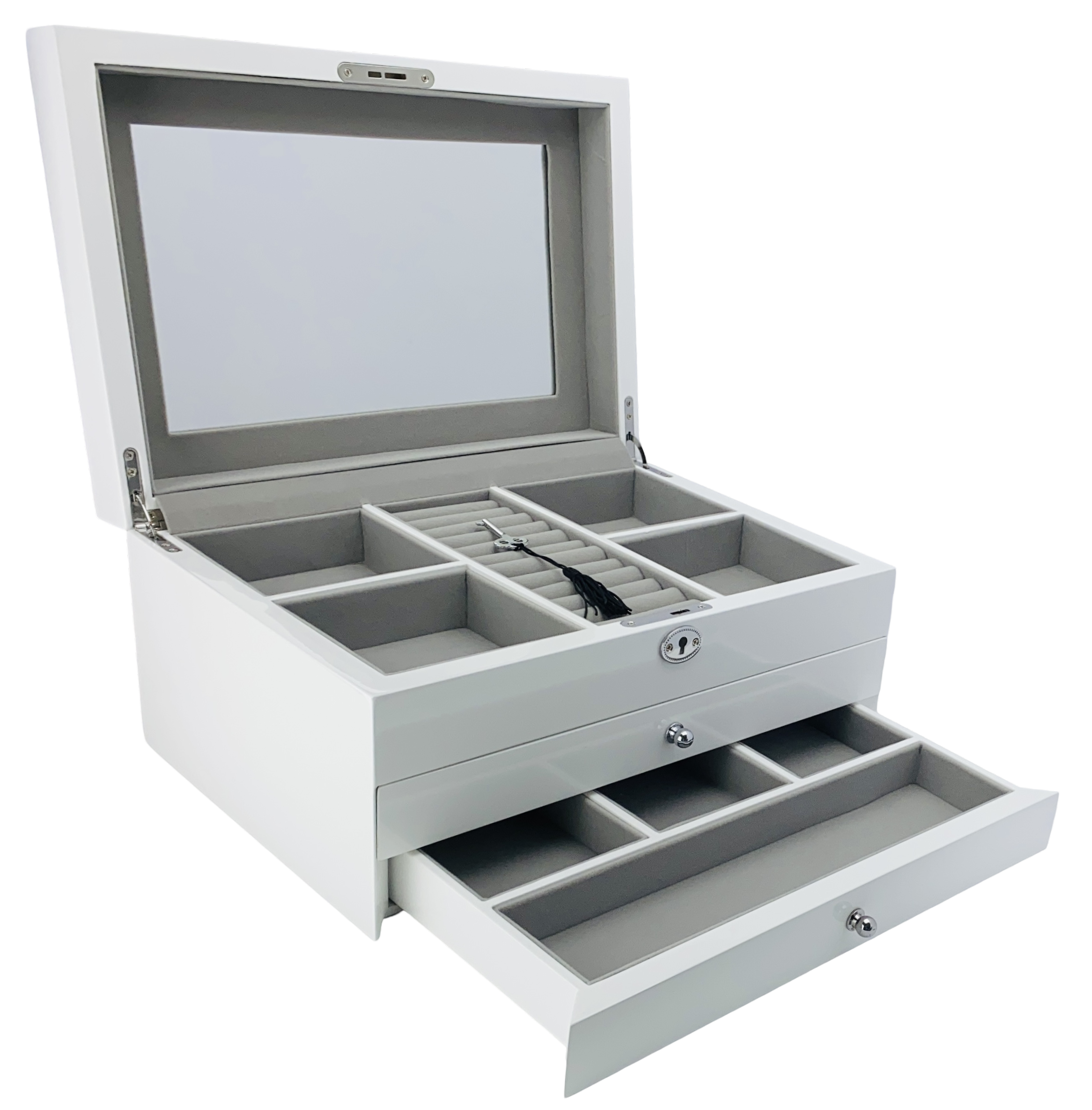 White High Gloss 2-Drawer Wooden Jewellery Box L34cm