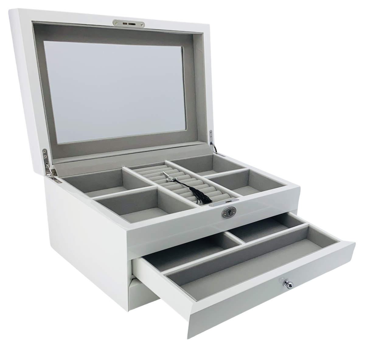 White High Gloss 2-Drawer Wooden Jewellery Box L34cm