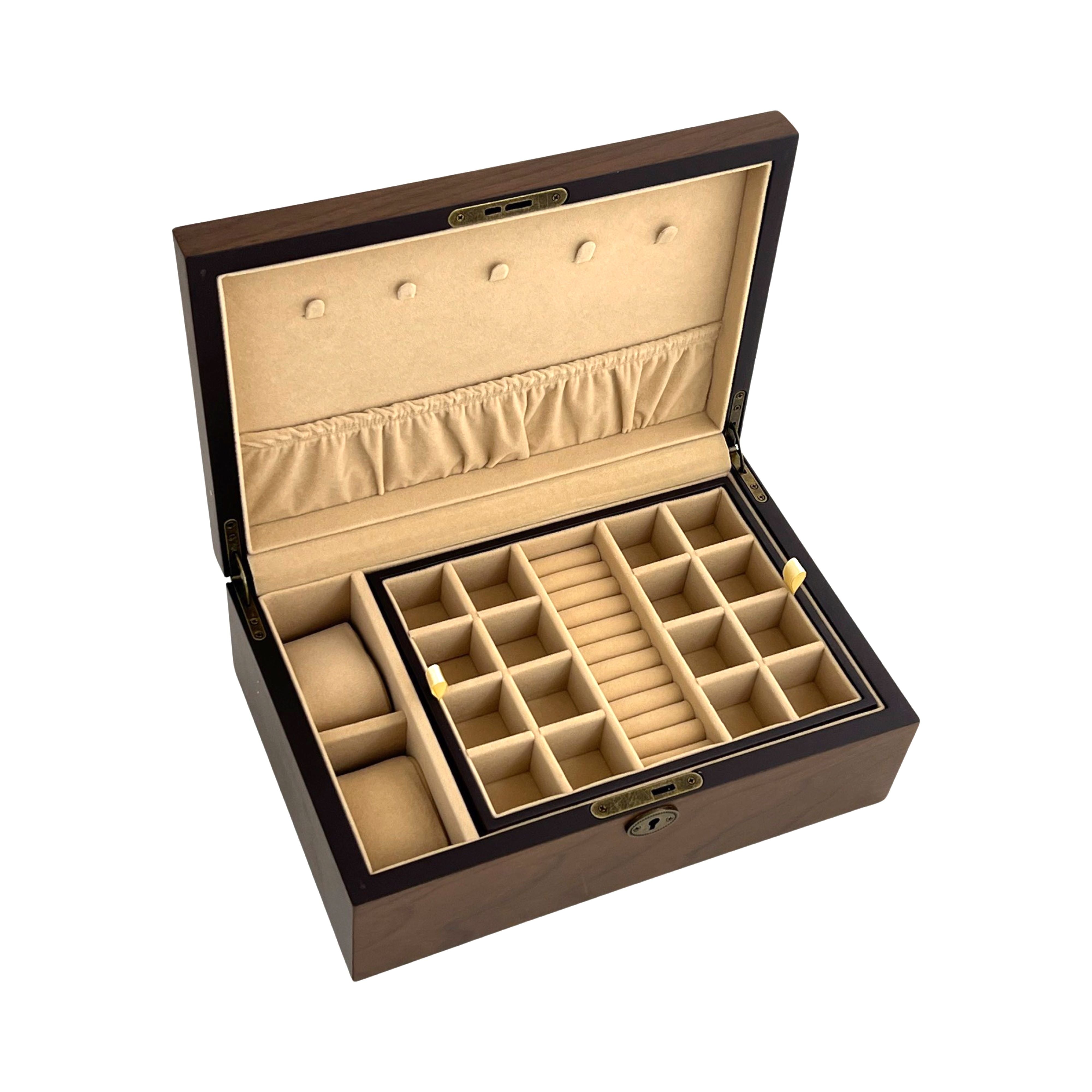 European Walnut Matte Finish Wood Jewellery Box, Length 30cm