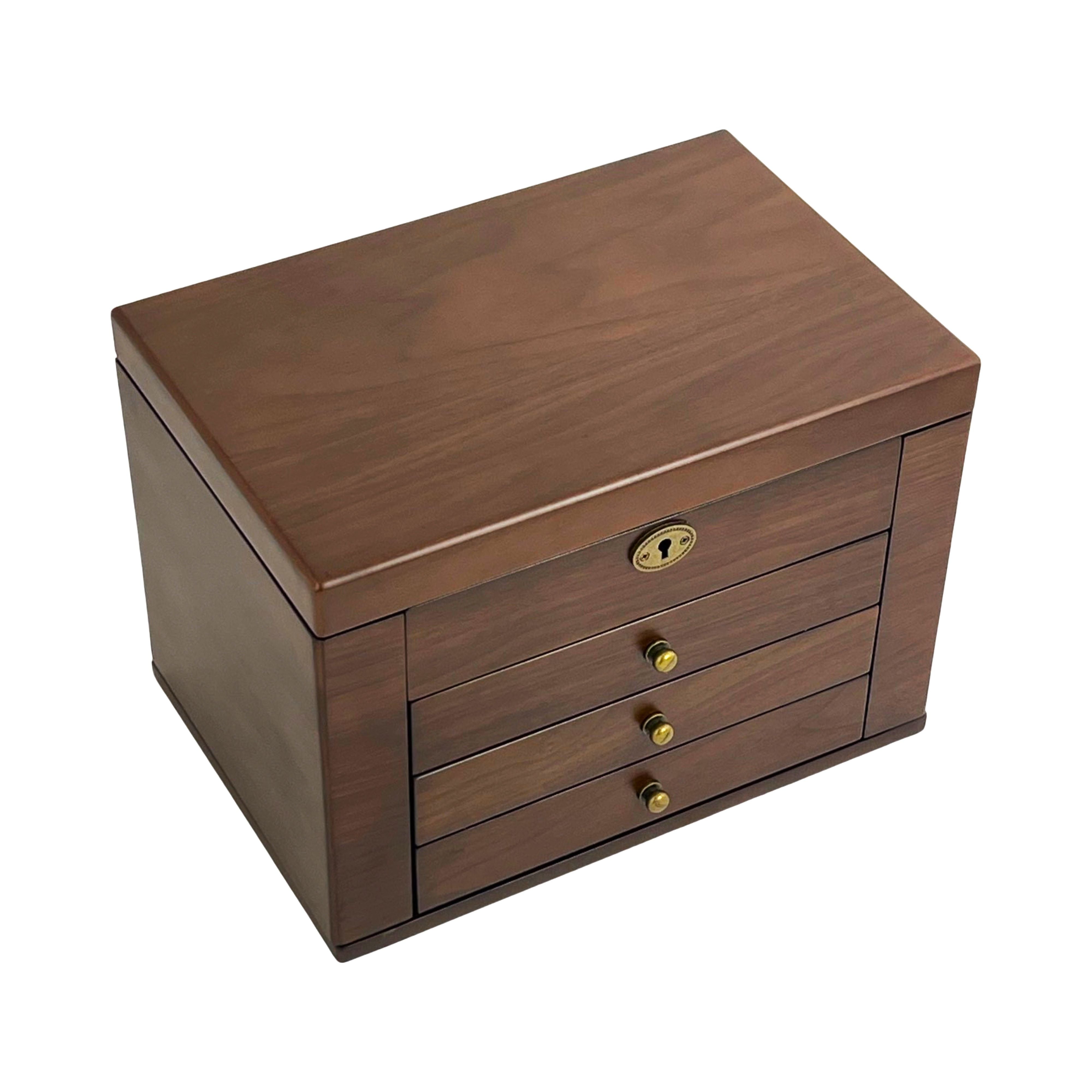 European Walnut Matt Finish Wood Jewellery Box with Side Panels, Length 29cm