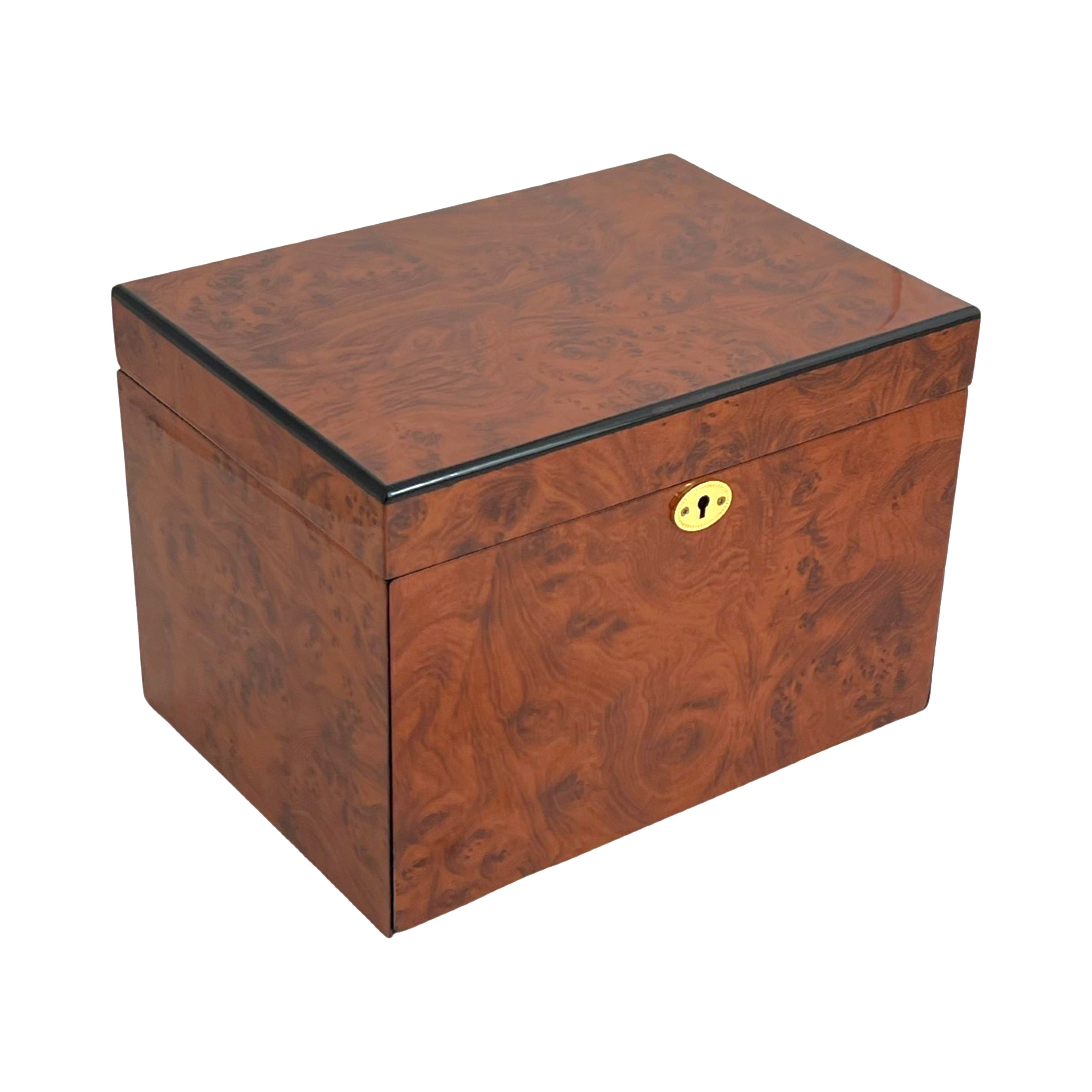 Maple Burl & Black High Gloss Wood Jewellery Box, Length 28cm