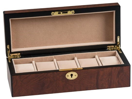 Maple Burl & Black Matt Key Lock 5-Watch Box, Length 28cm