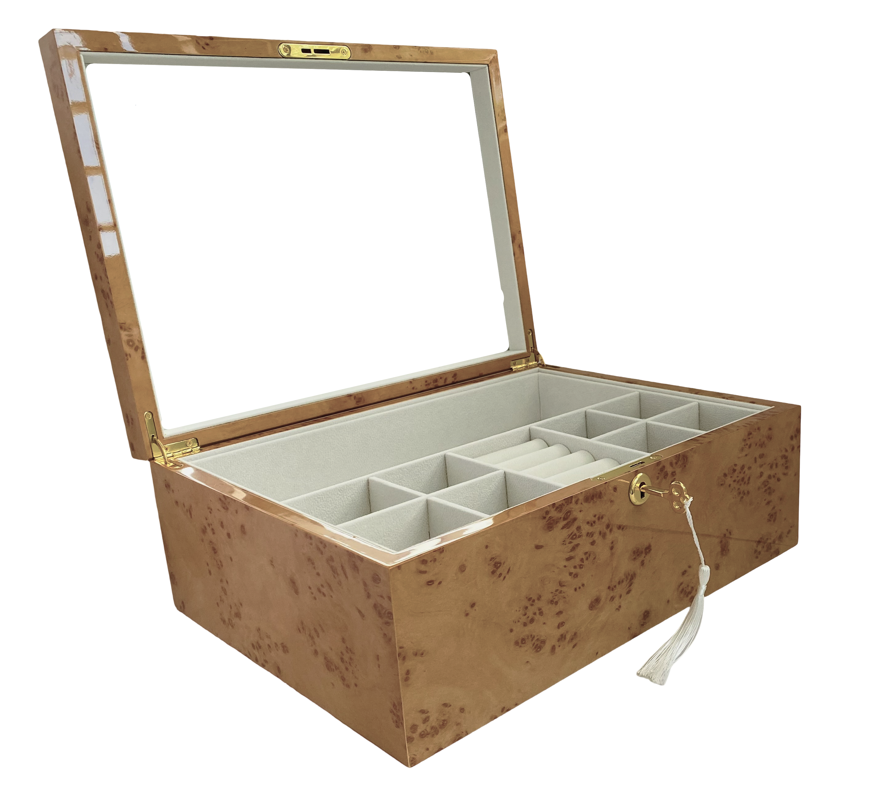 Oak Burl High Gloss Wood Jewellery Box, Length 35cm