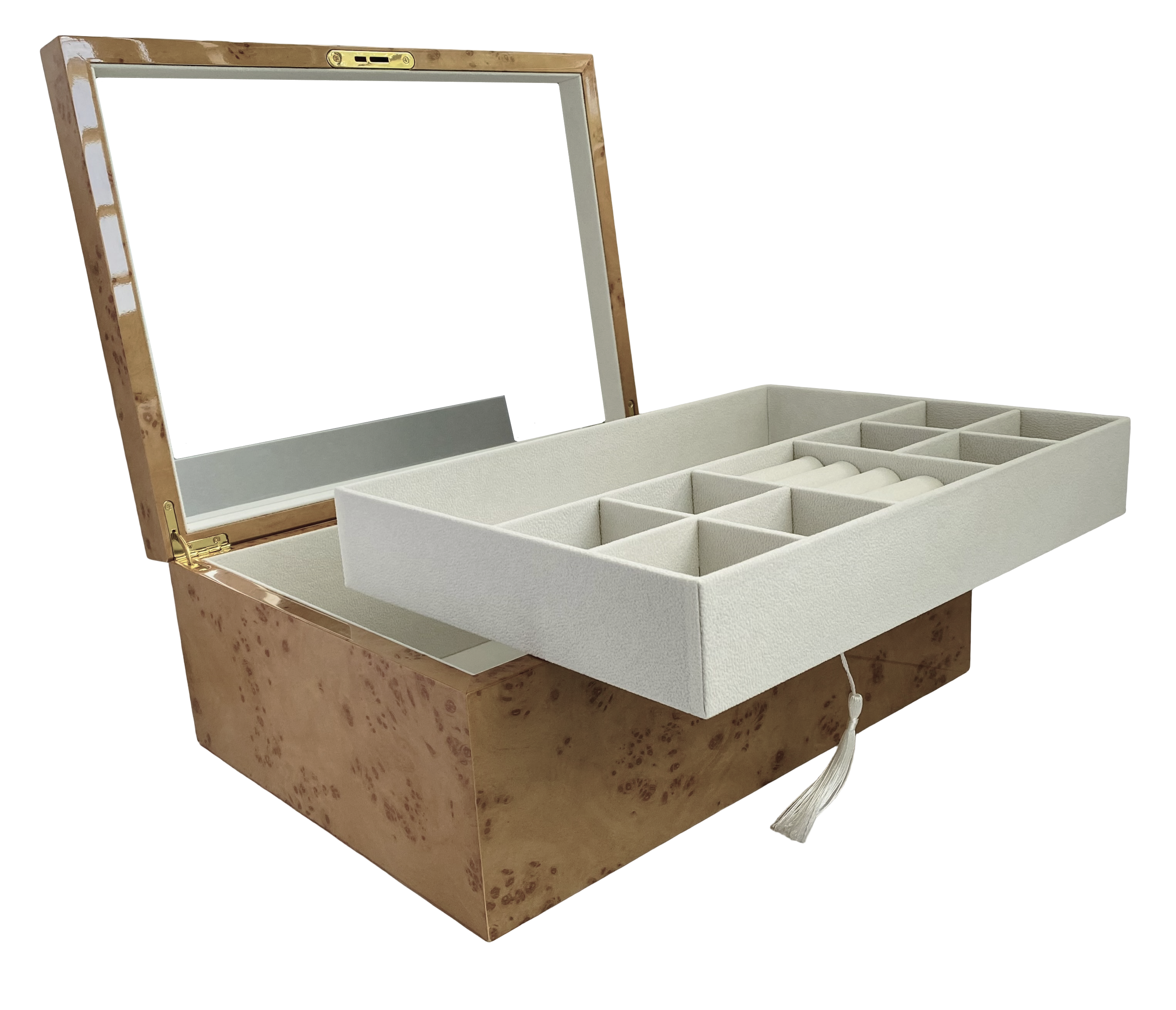 Oak Burl High Gloss Wood Jewellery Box, Length 35cm
