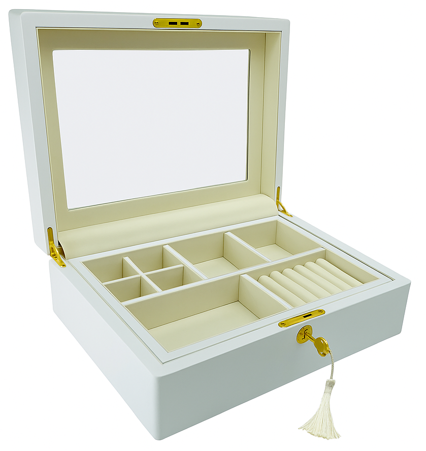 Matte Finish White Wooden Jewellery Box with Liftout Tray L31cm