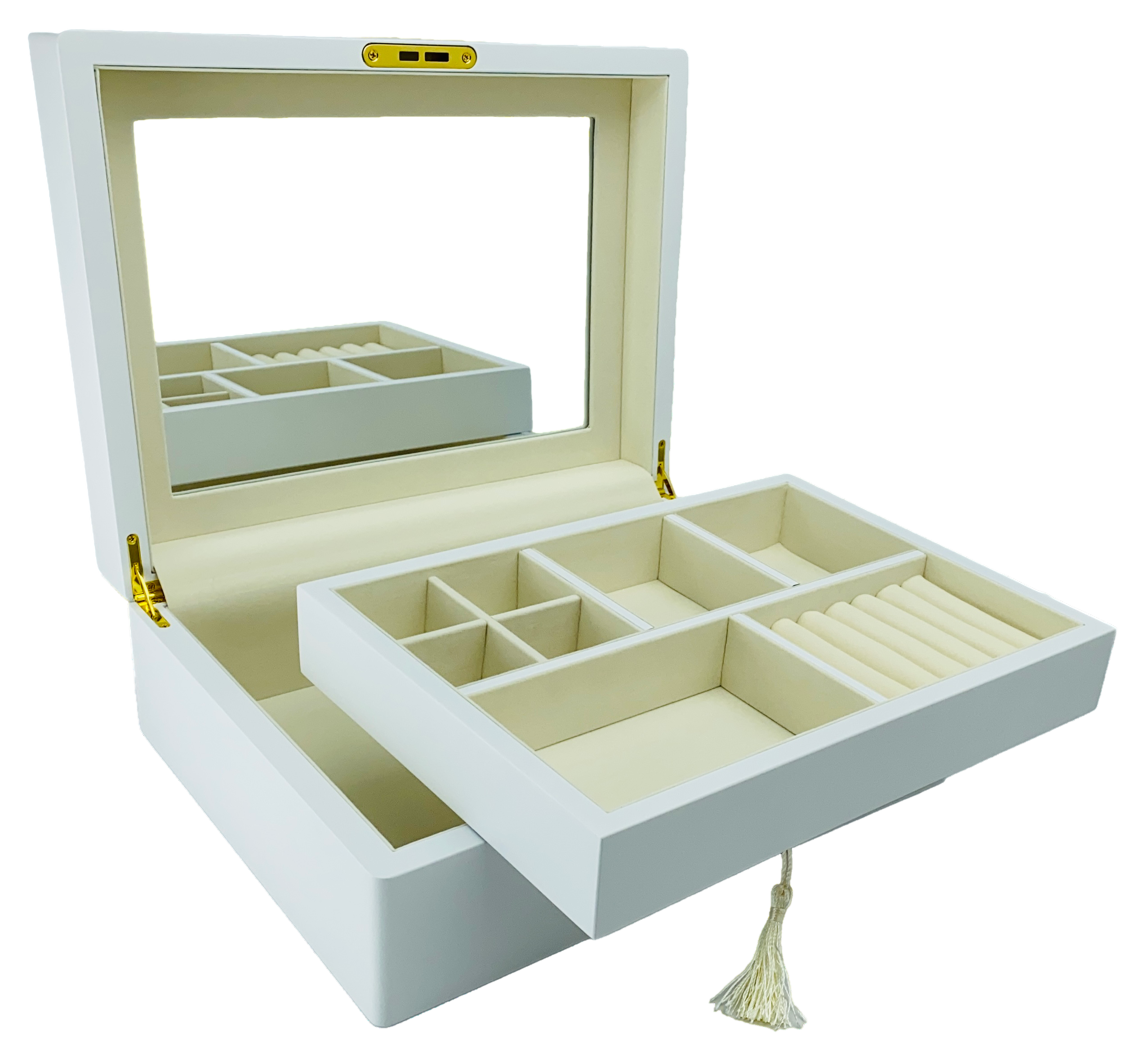 Matte White Wooden Jewellery Box with Liftout Tray L31cm