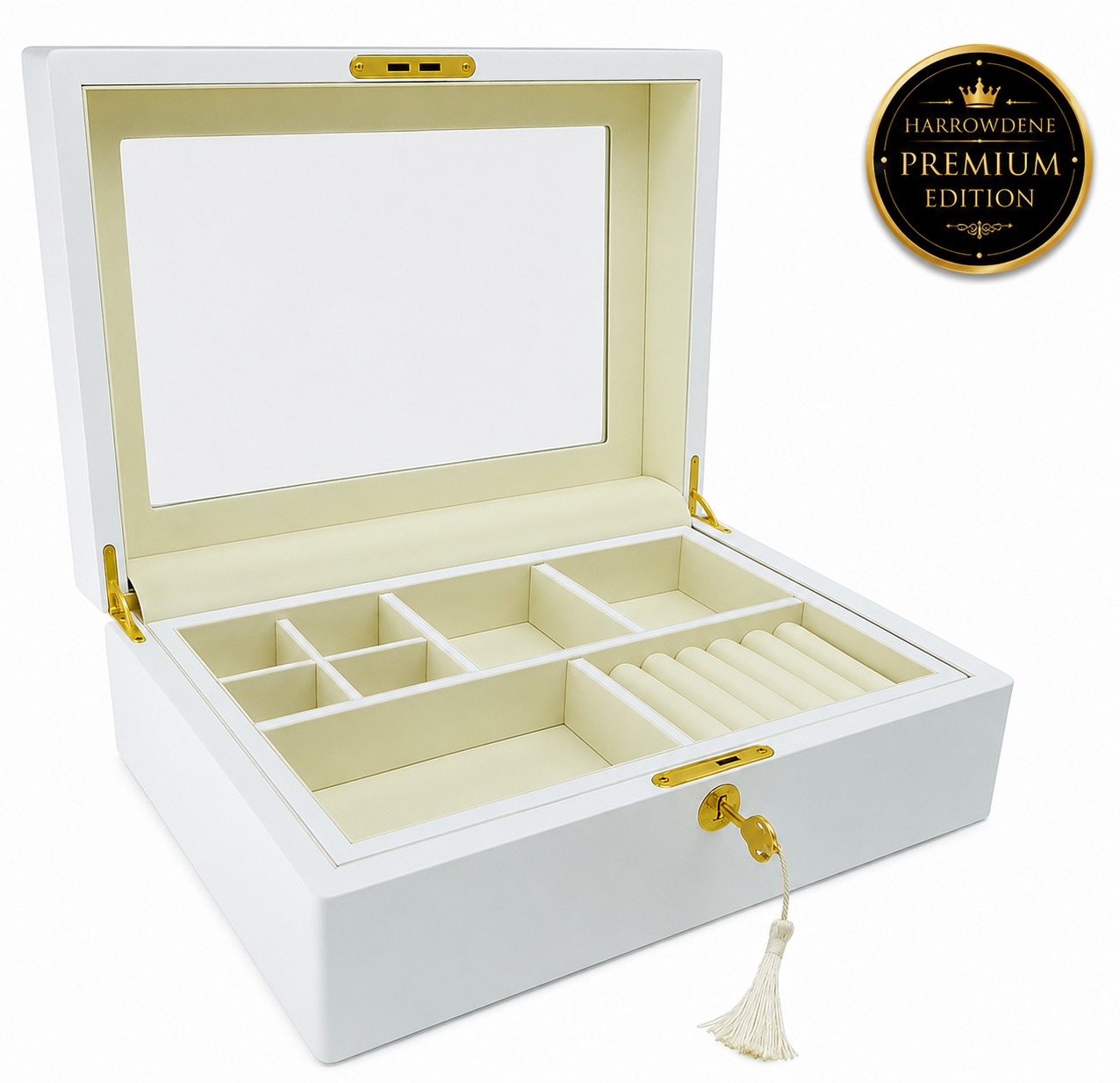 Matte White Wooden Jewellery Box with Liftout Tray L31cm