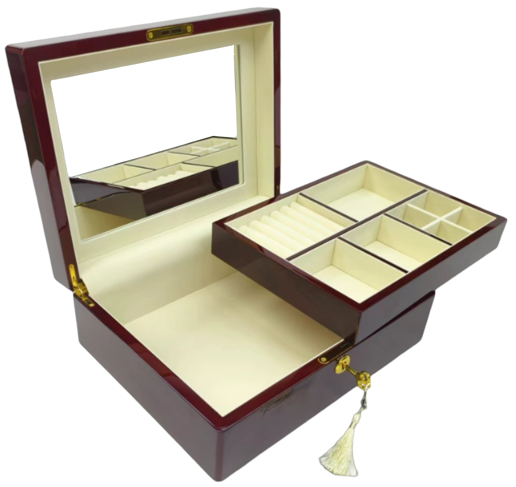 Rosewood Piano Finish Timber Jewellery Box with Liftout Tray L31cm