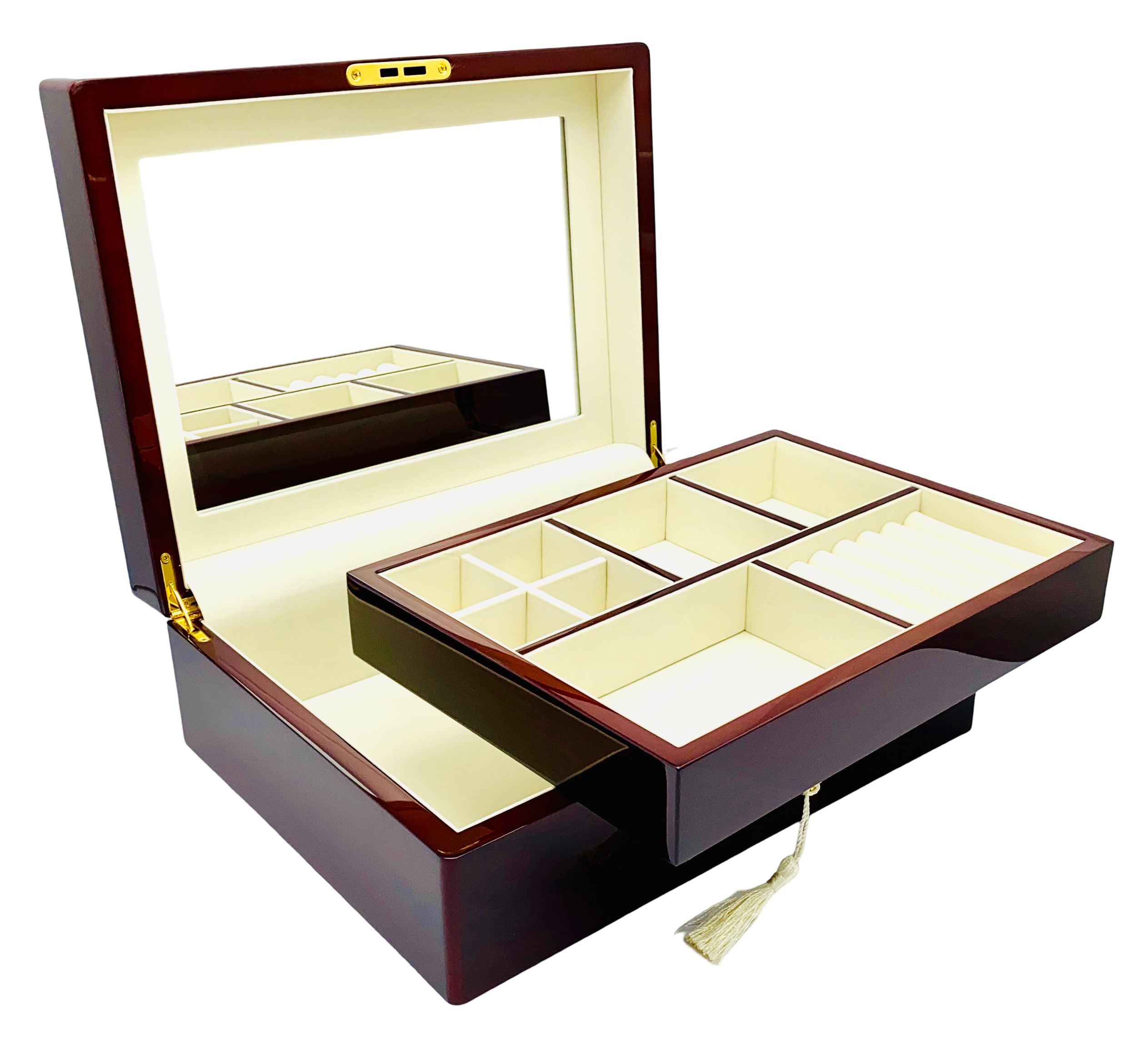 Rosewood Piano Finish Timber Jewellery Box with Liftout Tray L31cm