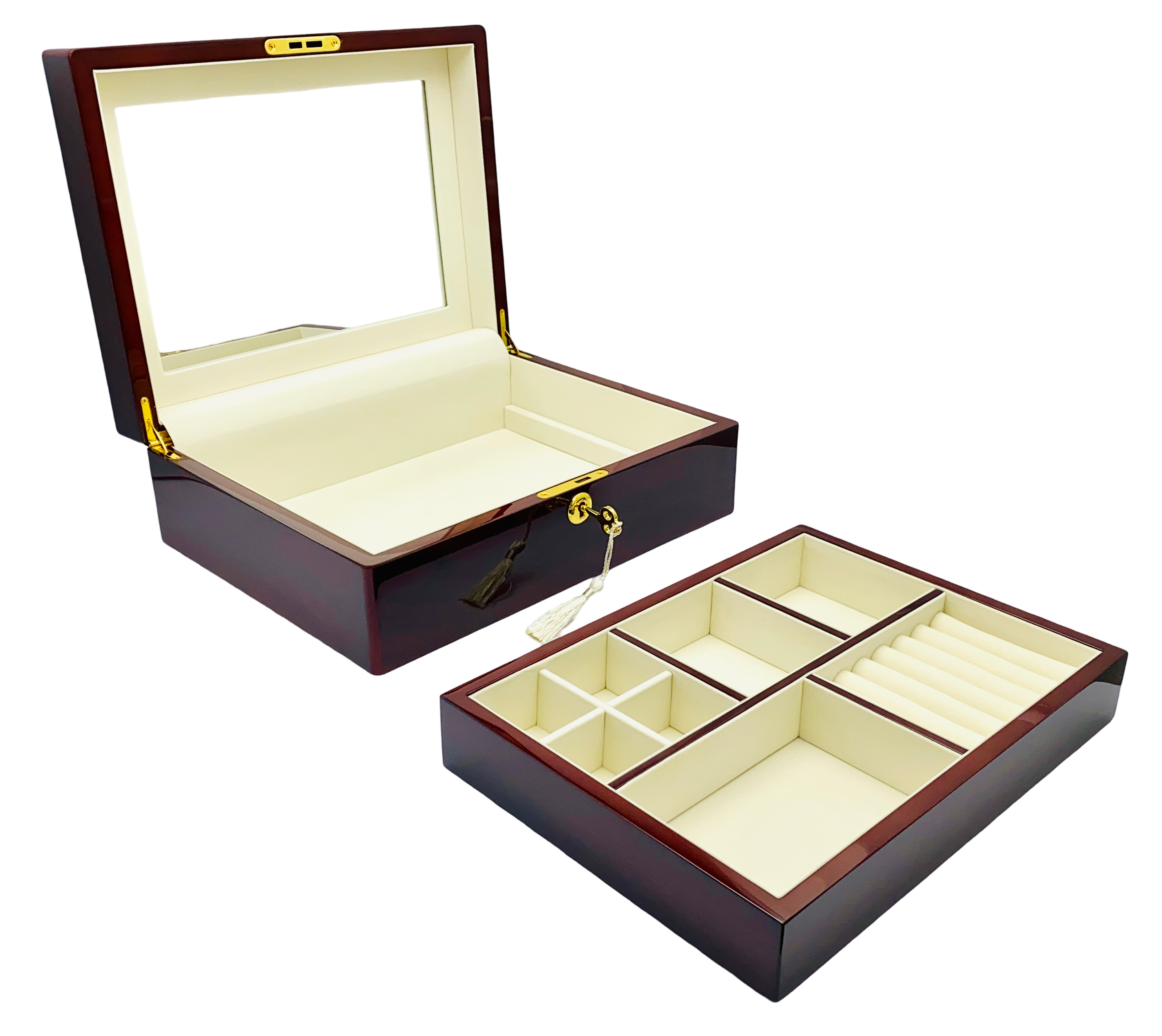 Rosewood Piano Finish Timber Jewellery Box with Liftout Tray L31cm