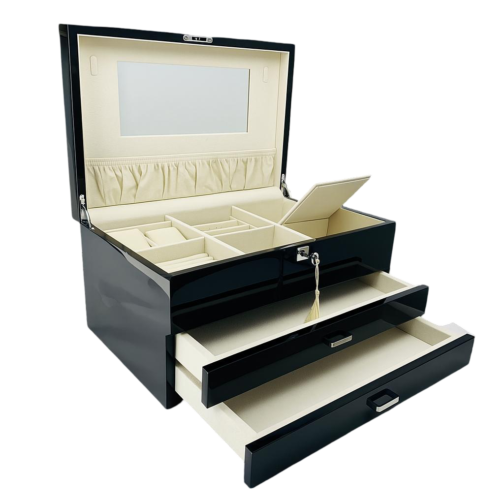 Very Large High Gloss Black Wooden Jewellery, 2-Drawers L41cm