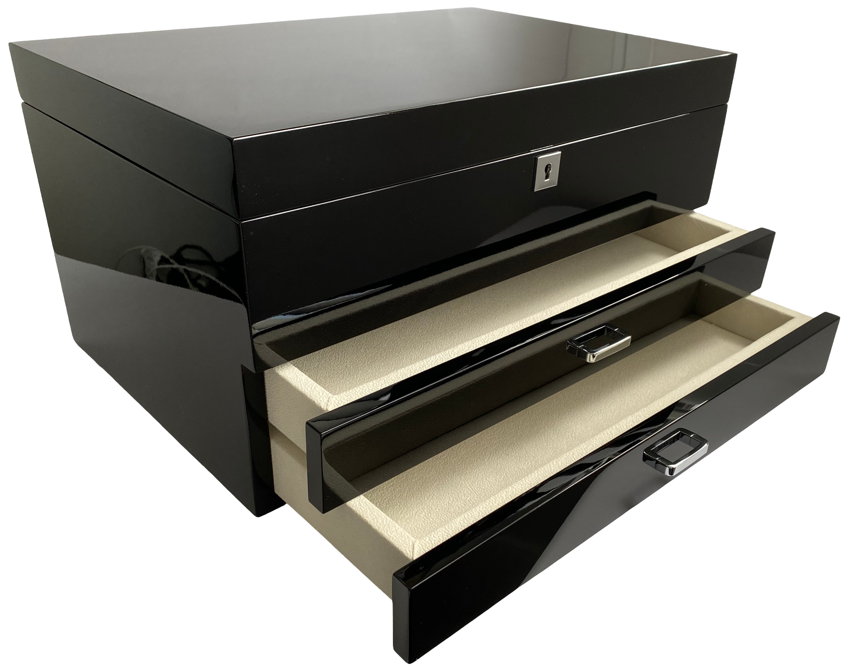 Very Large High Gloss Black Wooden Jewellery, 2-Drawers L41cm