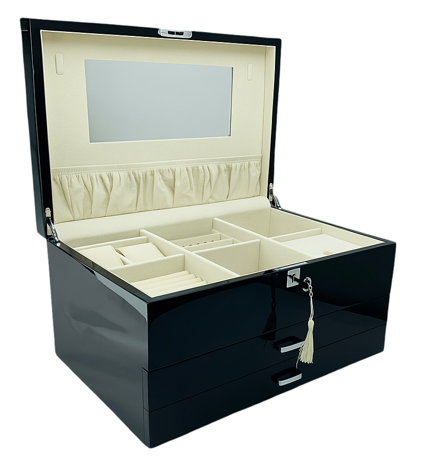 Black jewelry box with open lid on a white background