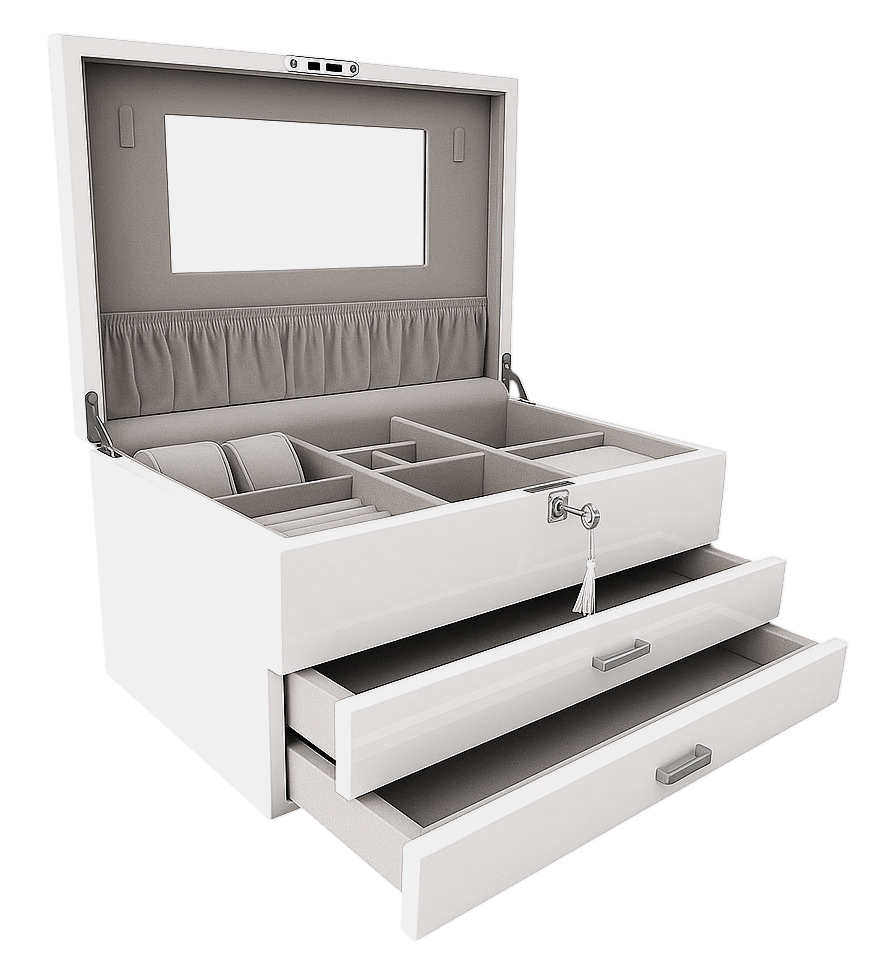 Very Large High Gloss White Wooden Jewellery, 2-Drawers L41cm