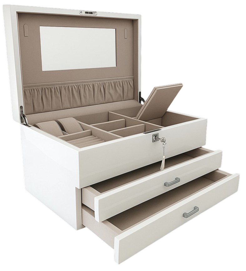 Very Large High Gloss White Wooden Jewellery, 2-Drawers L41cm