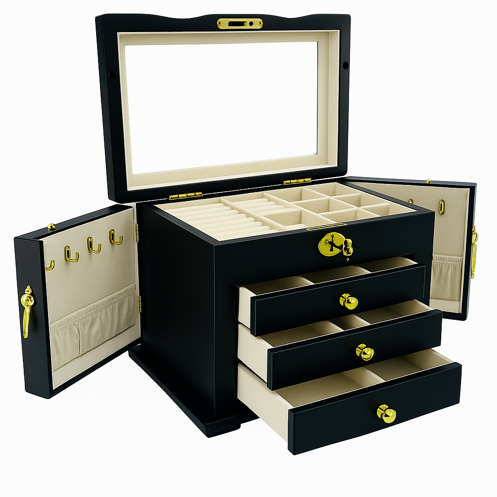 Matte Black Jewellery Box, 3-Drawer & 2-Side Panels L28cm