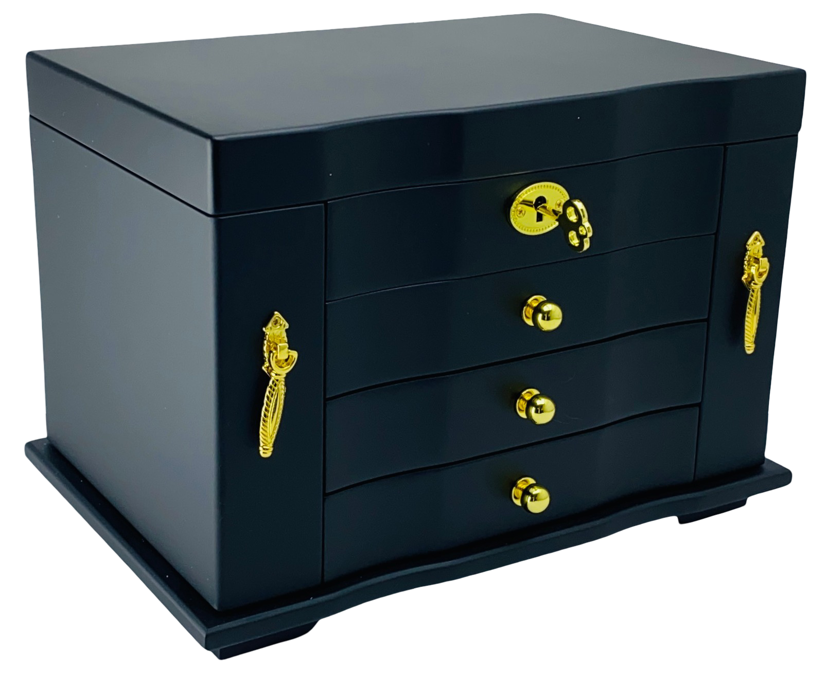 Matte Black Jewellery Box, 3-Drawer & 2-Side Panels L28cm