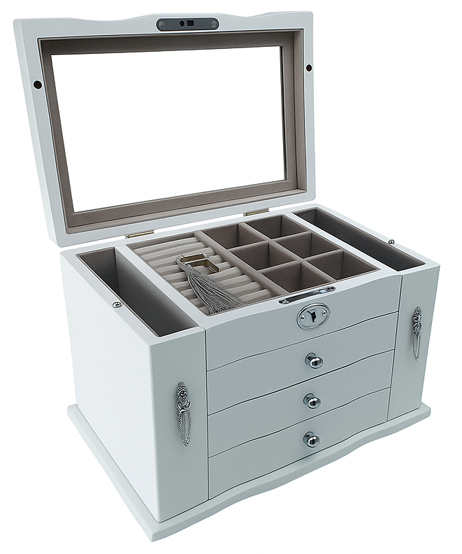 Matte White Jewellery Box, 3-Drawer and 2-Side Panels L28cm