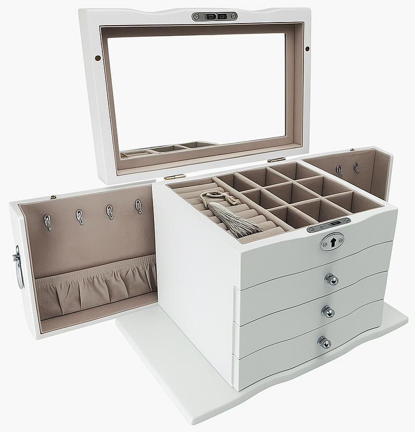 Matte White Jewellery Box, 3-Drawer and 2-Side Panels L28cm