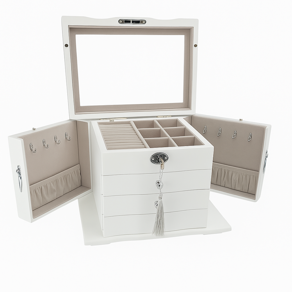 Matte White Jewellery Box, 3-Drawer and 2-Side Panels L28cm